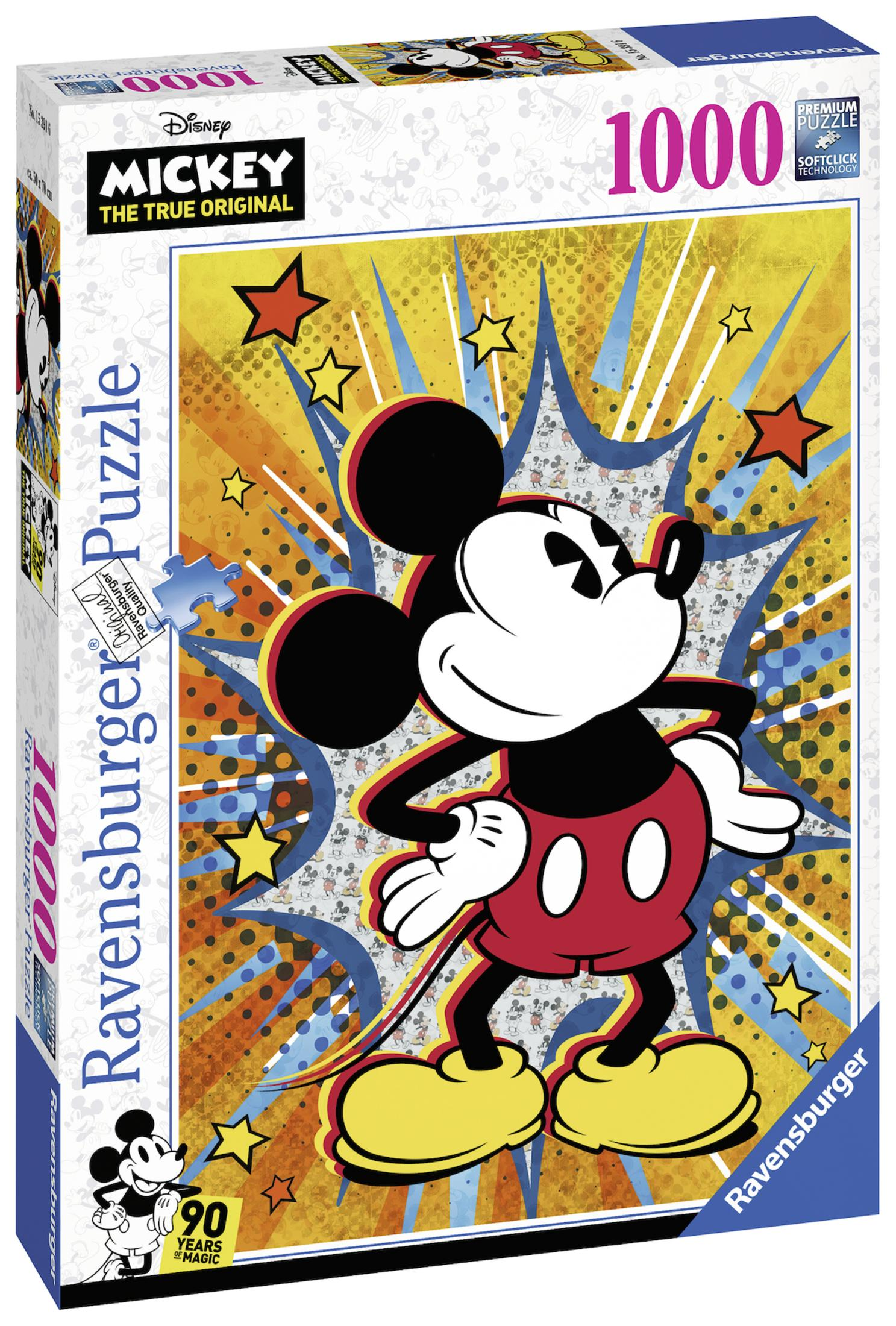 Mickey Mouse Puzzle-Box mit Mickey vor gelbem Burst-Hintergrund.