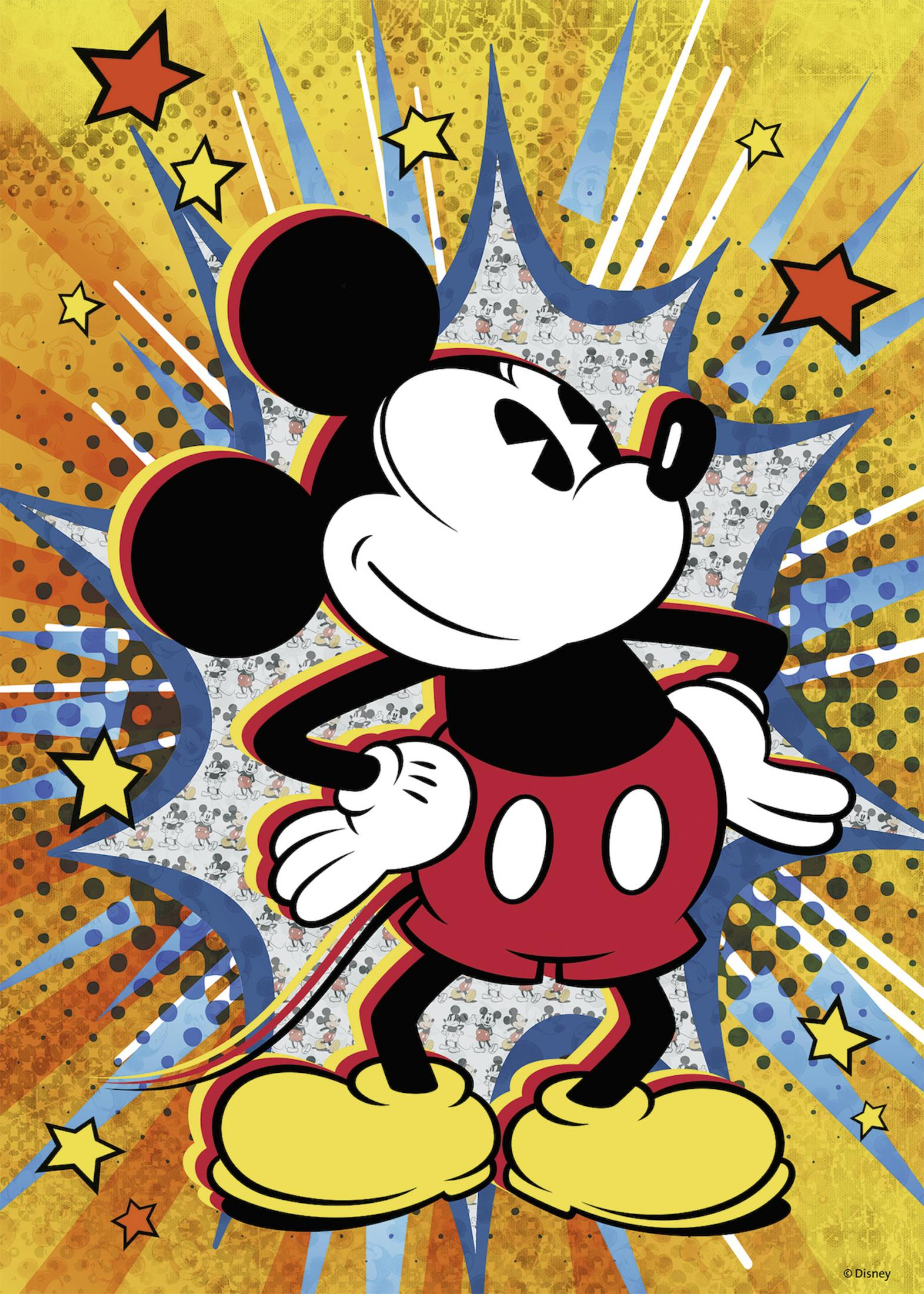Mickey Mouse im Pop-Art-Stil, mit den Händen in den Hüften, umgeben von Sternen.