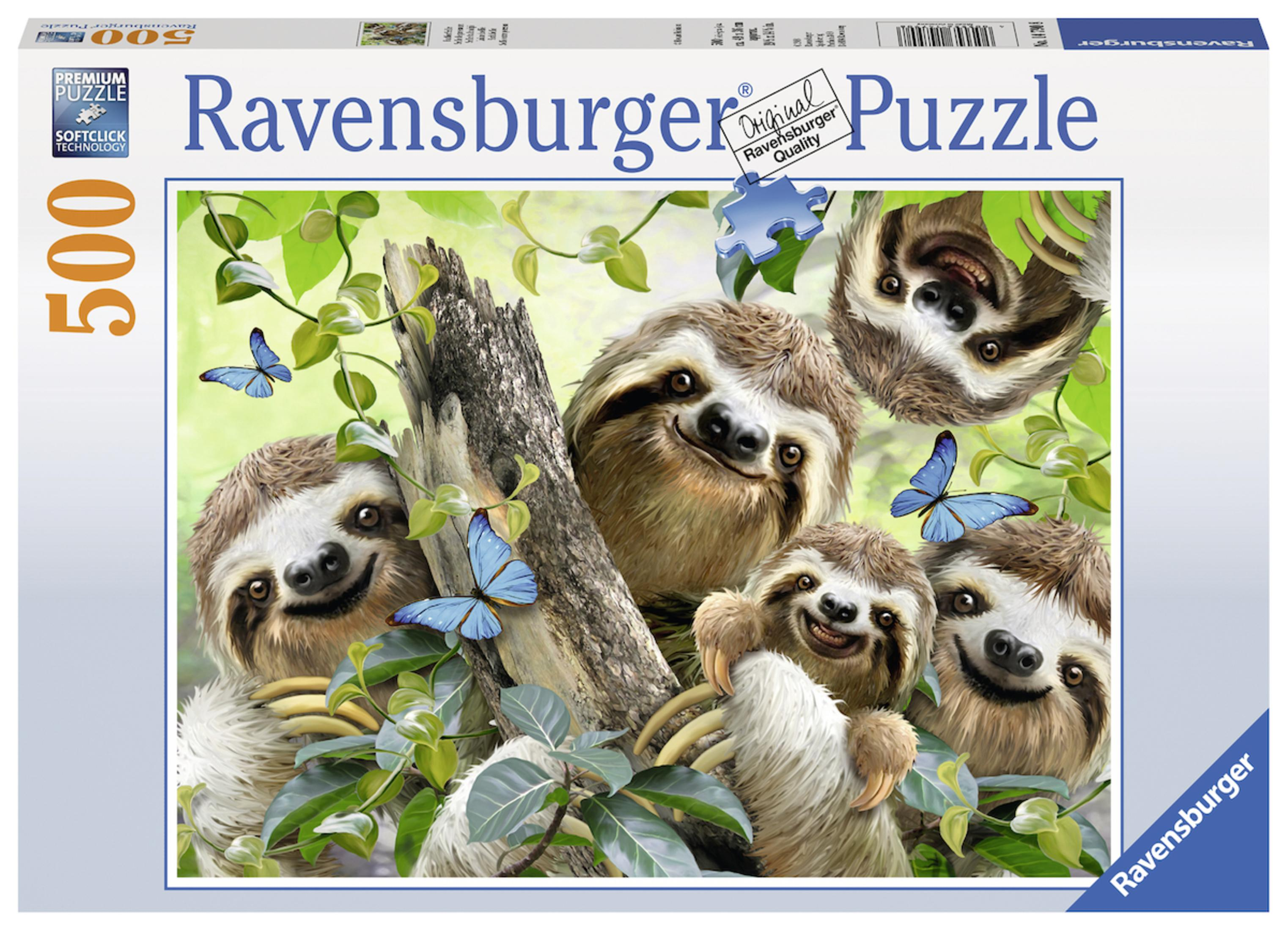Puzzledose mit einem Bild von Faultieren auf einem Ast mit Schmetterlingen.