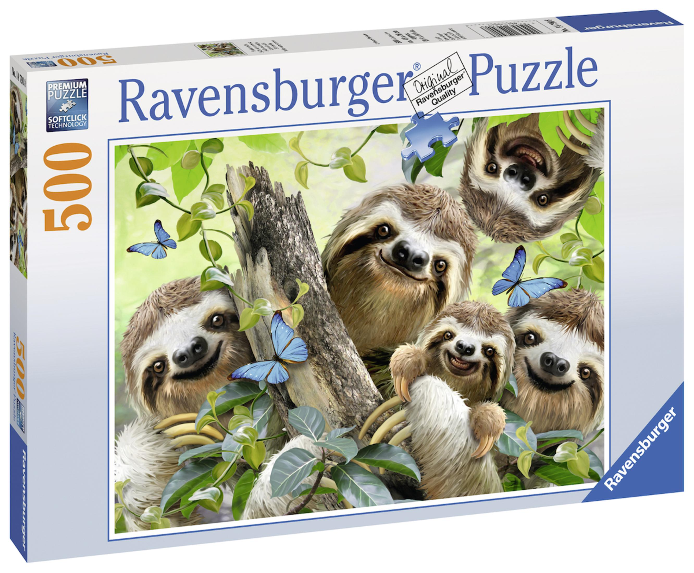 Puzzelbox zeigt eine Faultierfamilie mit Schmetterlingen auf einem Ast, lächelnd und hängend.