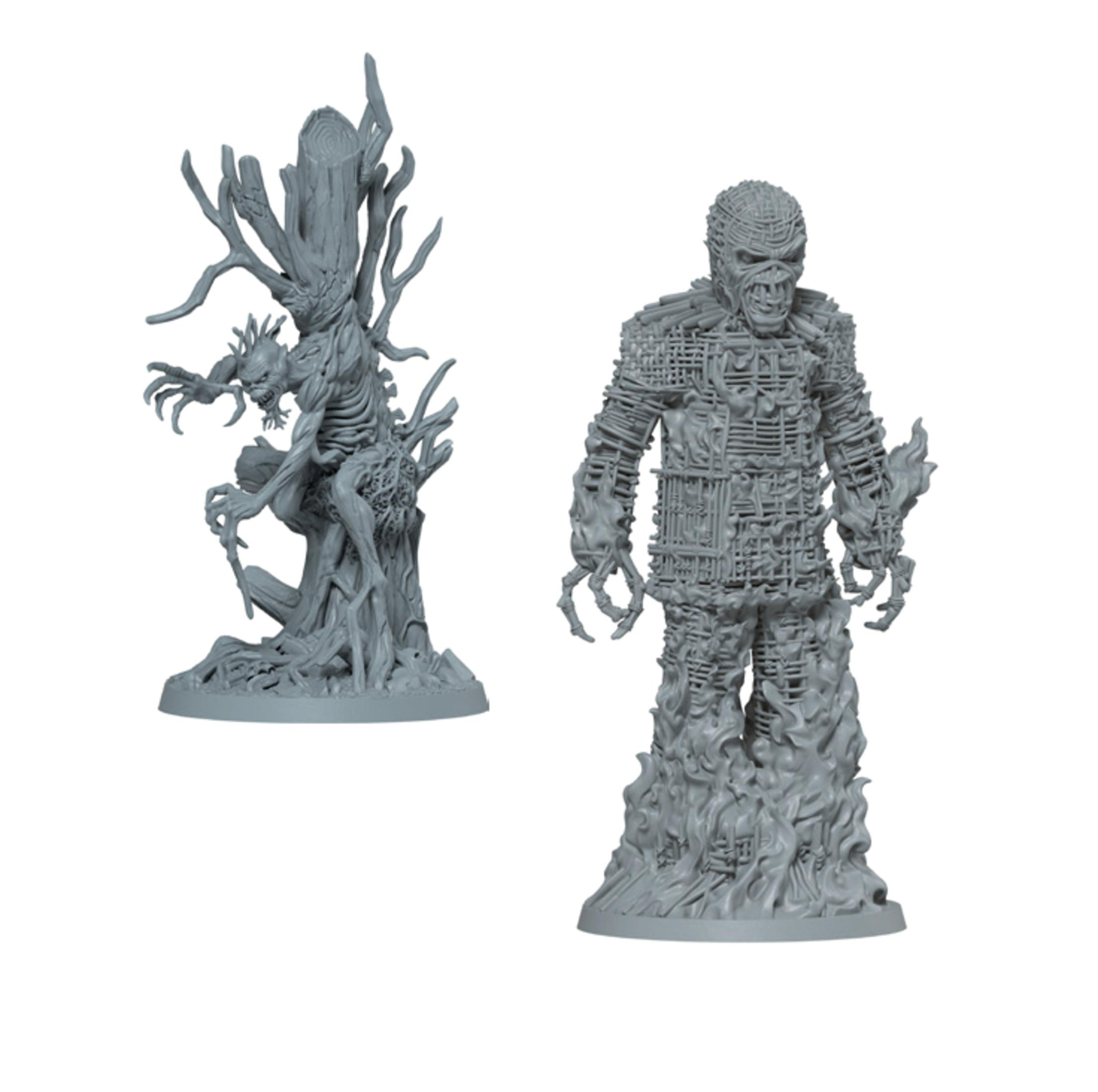 Zwei graue Monsterfiguren, eine baumartig, die andere humanoid, auf weißer Oberfläche.