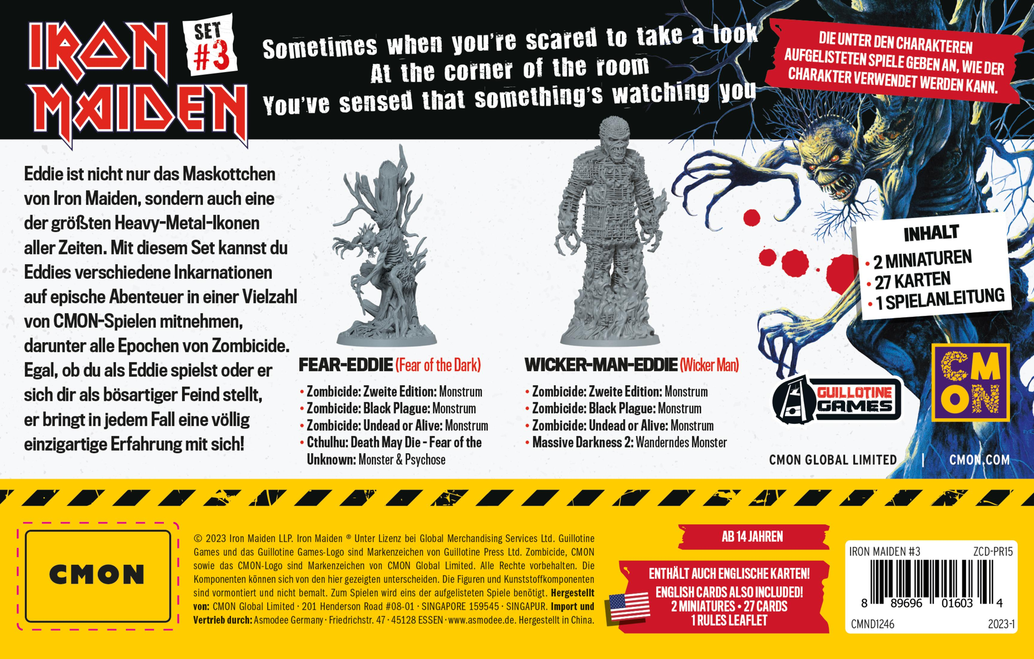 Rückseite der Iron Maiden Spielbox. Enthält Bilder von Charakteren und Text.