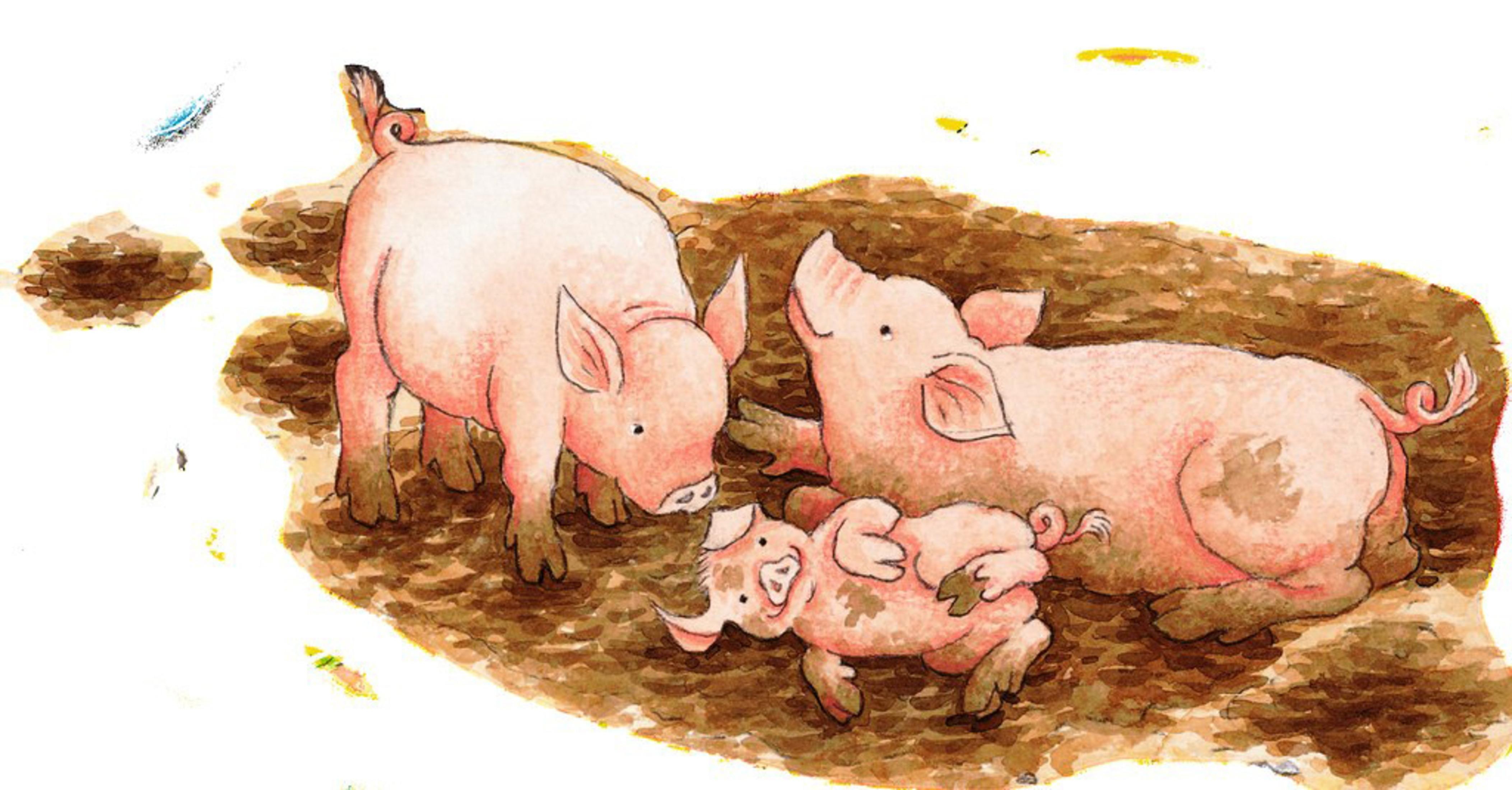 Trois cochons dans la boue; deux roses, un couché. Style aquarelle.
