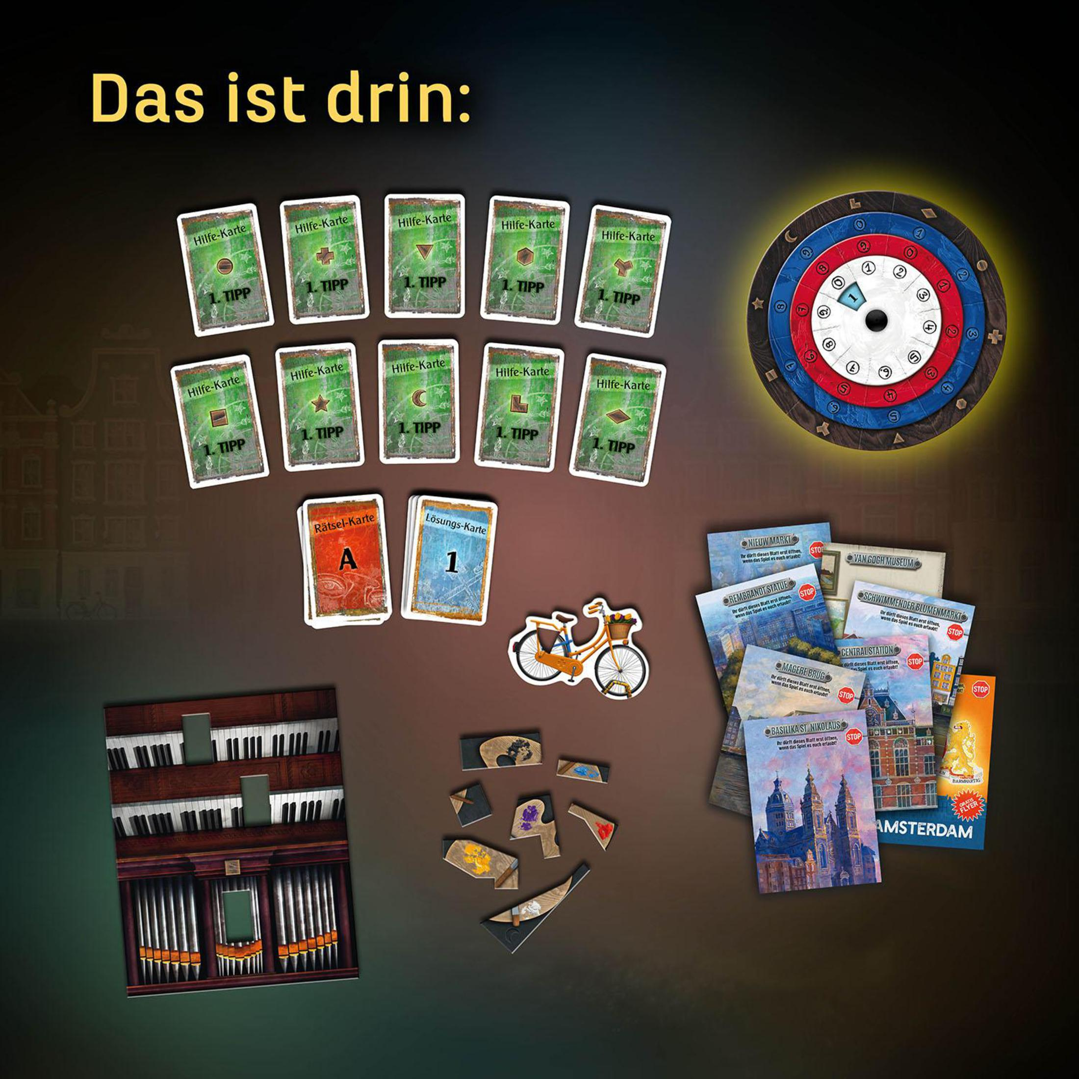 Ein Spiel mit Karten, Spielsteinen und einem Spielbrett mit Fahrrad, Miniaturorgel und Stadtansicht.
