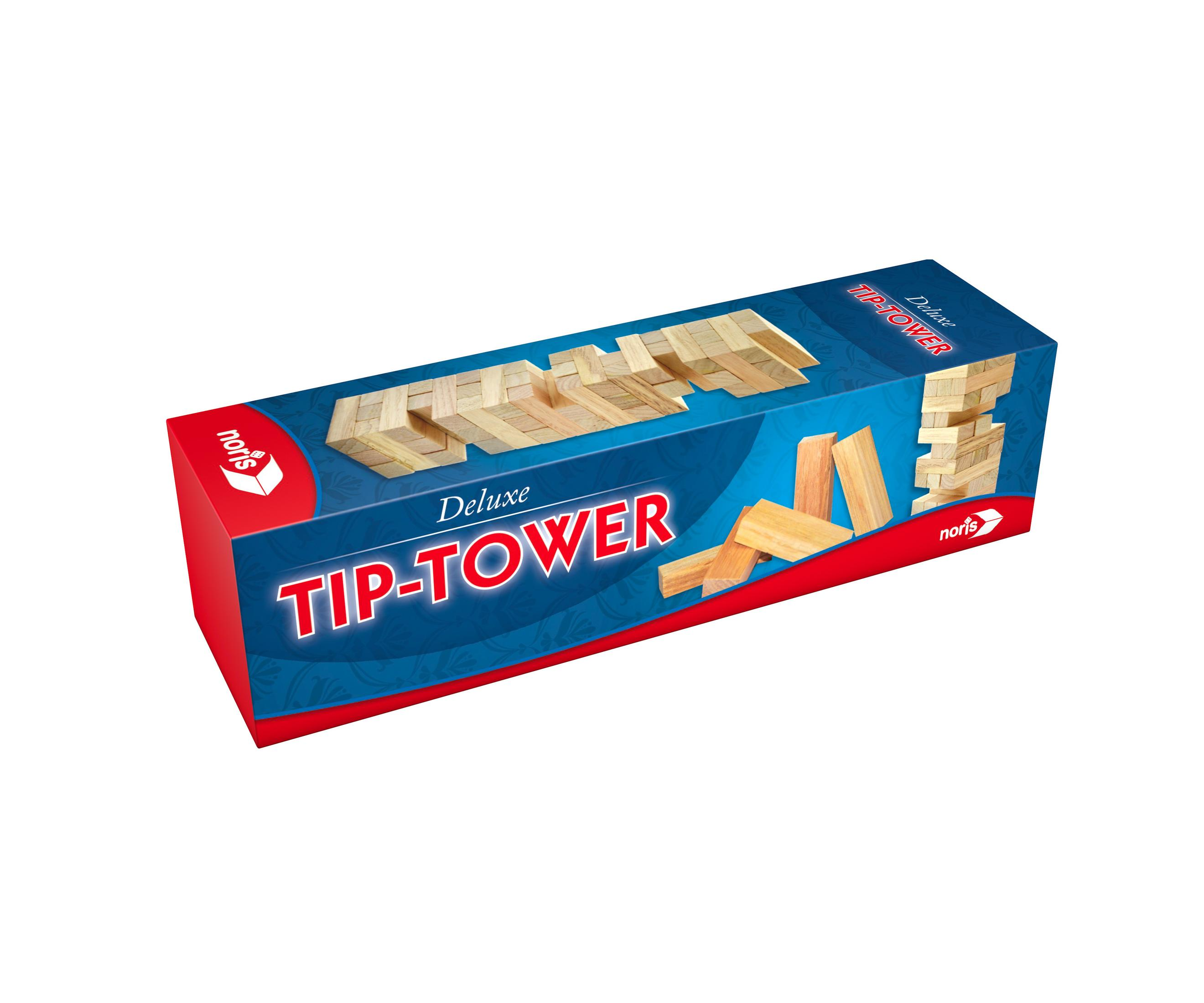 Schachtel für das Tip-Tower-Spiel, mit dem Spiel, Holzblöcken und dem Spielnamen.