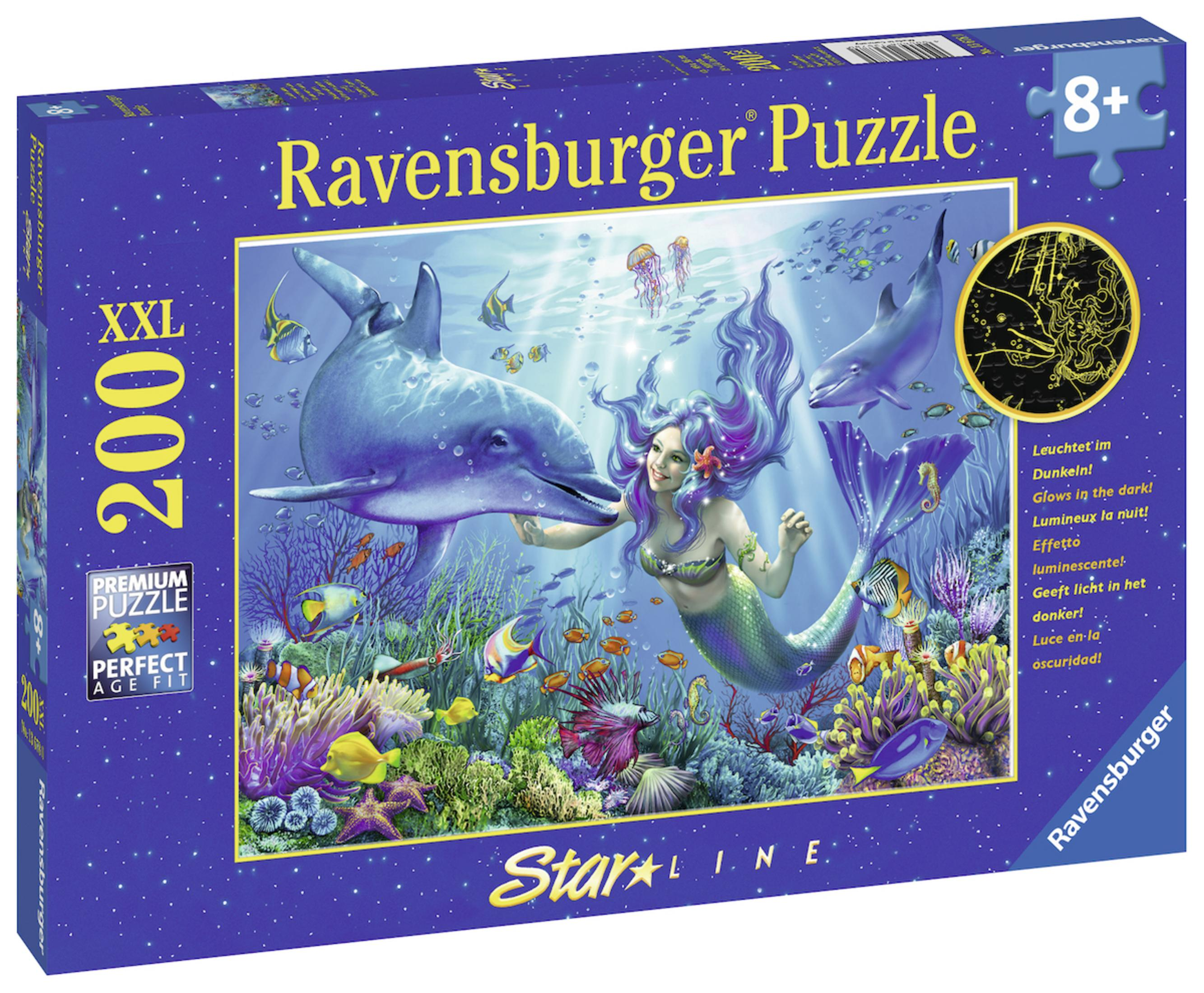 Pudełko z puzzlami z syreną i delfinami w oceanie. Tekst: Ravensburger Puzzle.