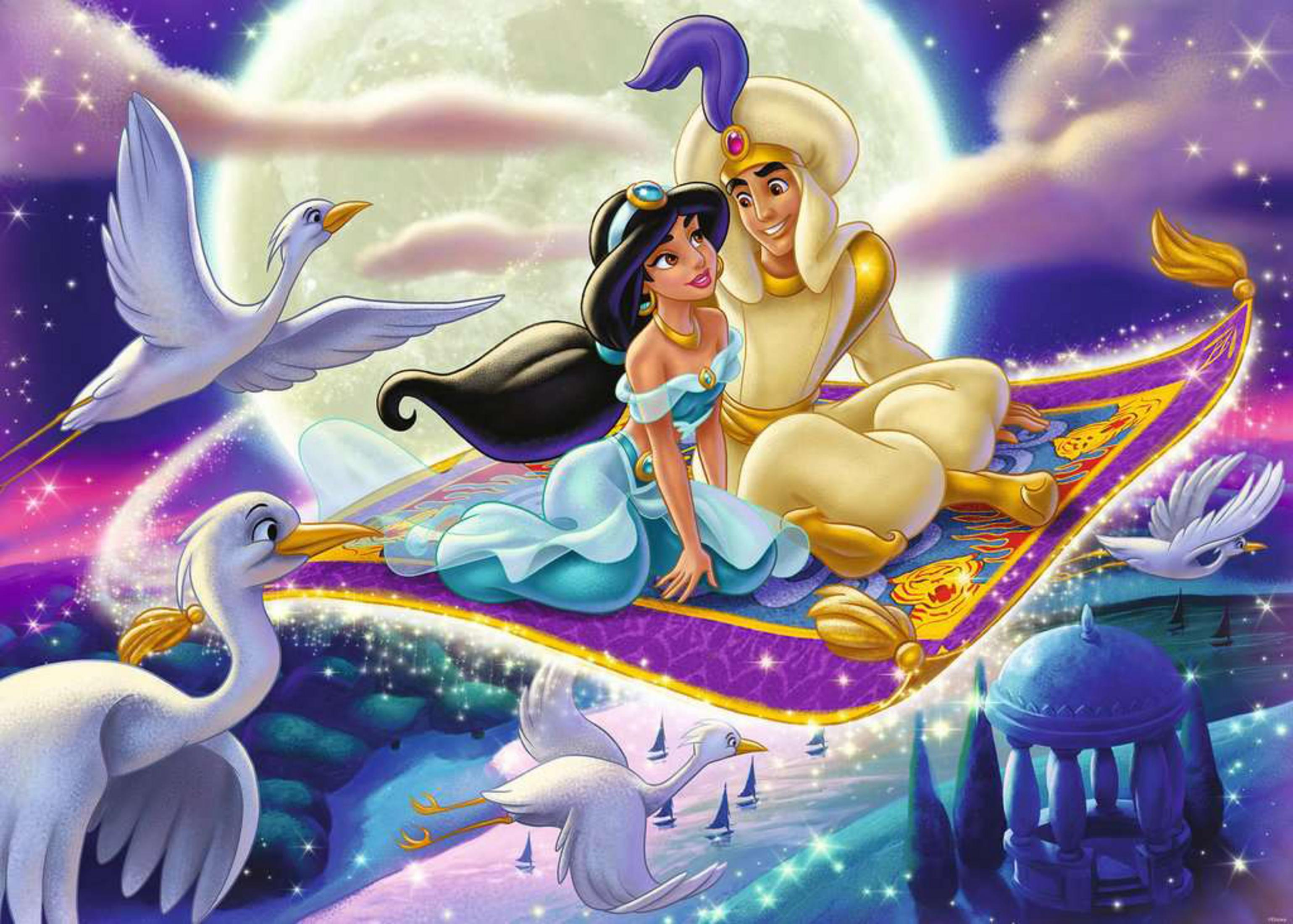 Aladdin und Jasmin auf einem fliegenden Teppich in der Luft, über einer Stadt unter einem Mond.