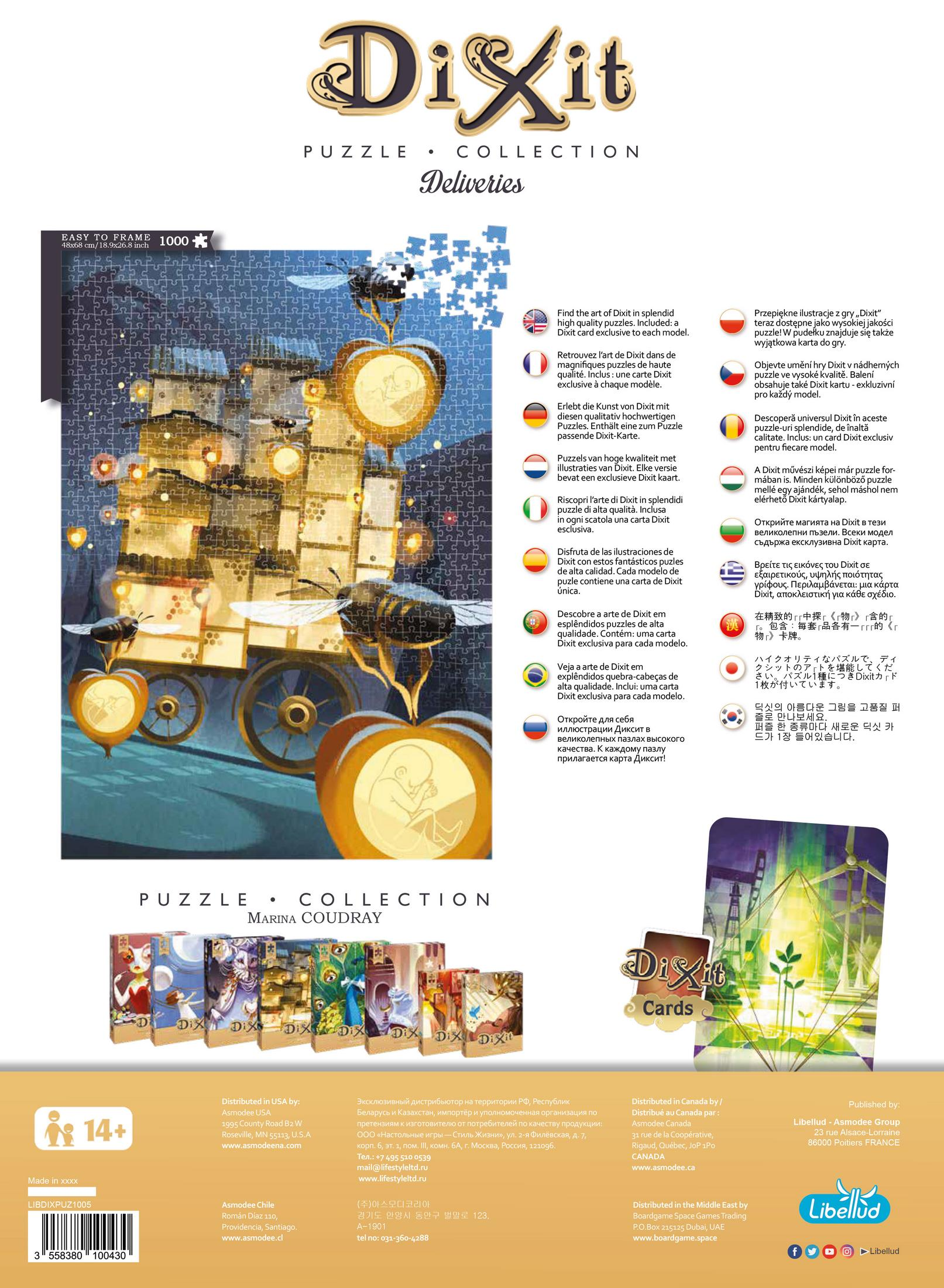 Dixit-Kartenspielbox und -Karten. Die Box hat eine farbenfrohe Illustration. Die Karten sind Kunst.