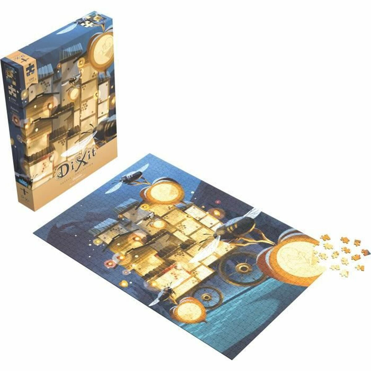 Eine Dixit-Brettspielbox und ein Puzzle mit Kunstwerken einer skurrilen Stadt mit fliegenden Kreaturen.