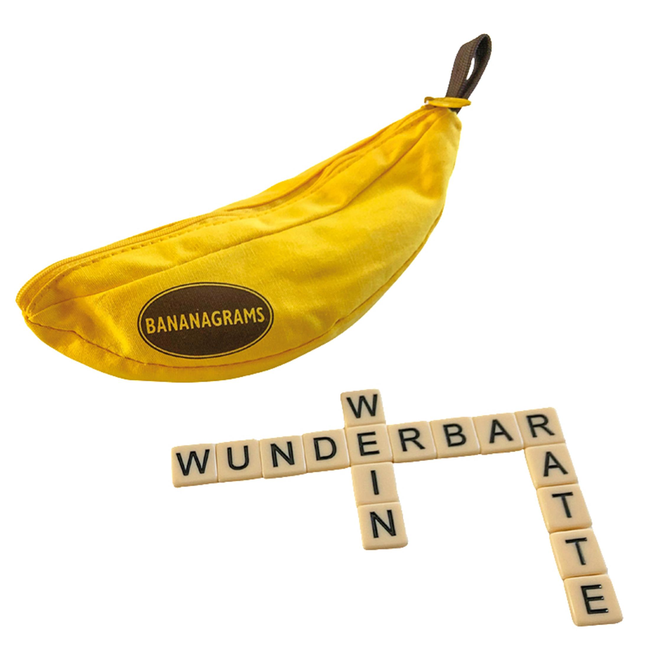 Bananenförmige Bananagrams-Tasche mit den Spielsteinen, die die Wörter: Wunderbar, Win und Rate bilden.