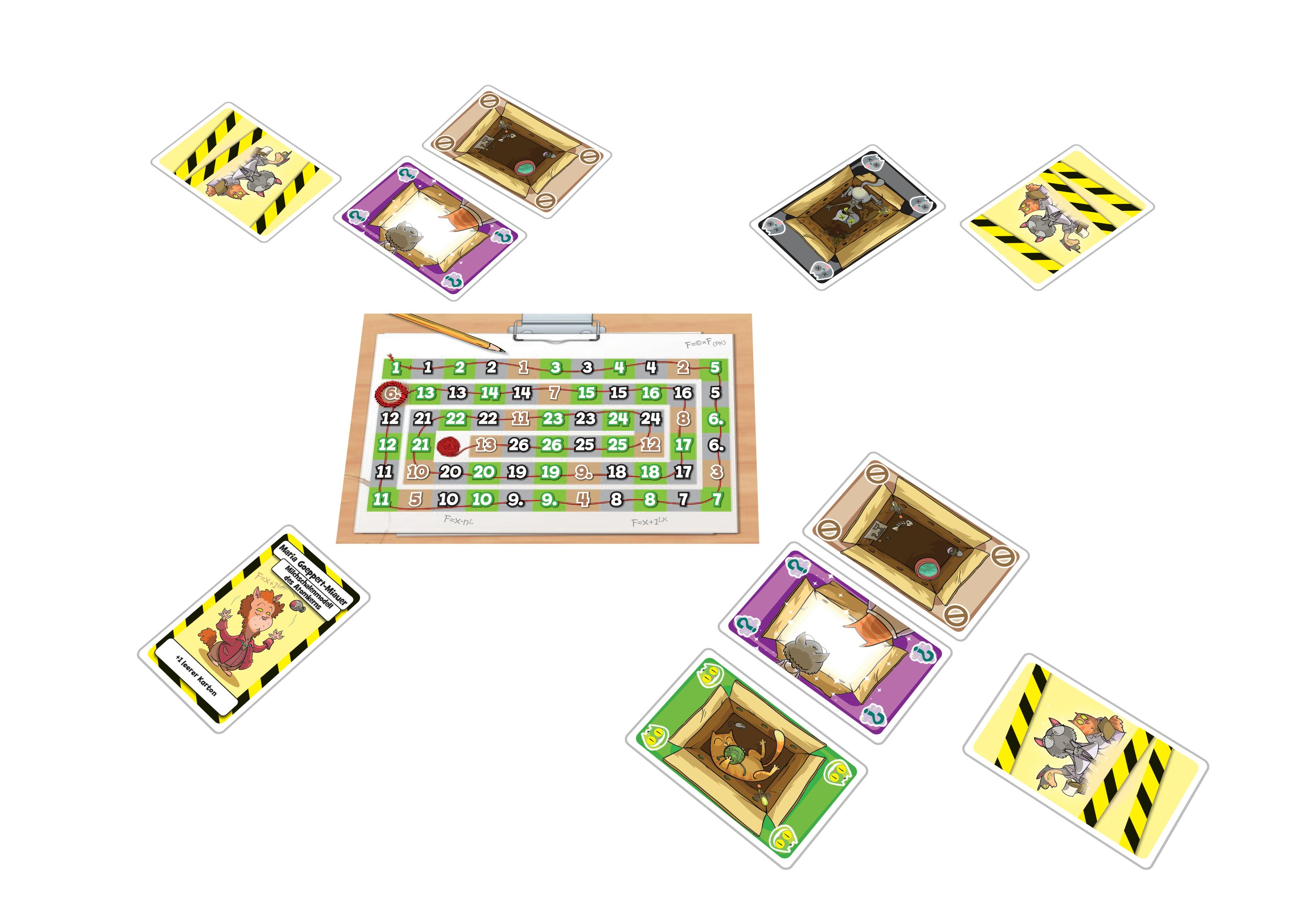 Jeu de société avec des cartes, un presse-papiers et un crayon. Les cartes montrent des personnages de dessins animés et des symboles de danger.