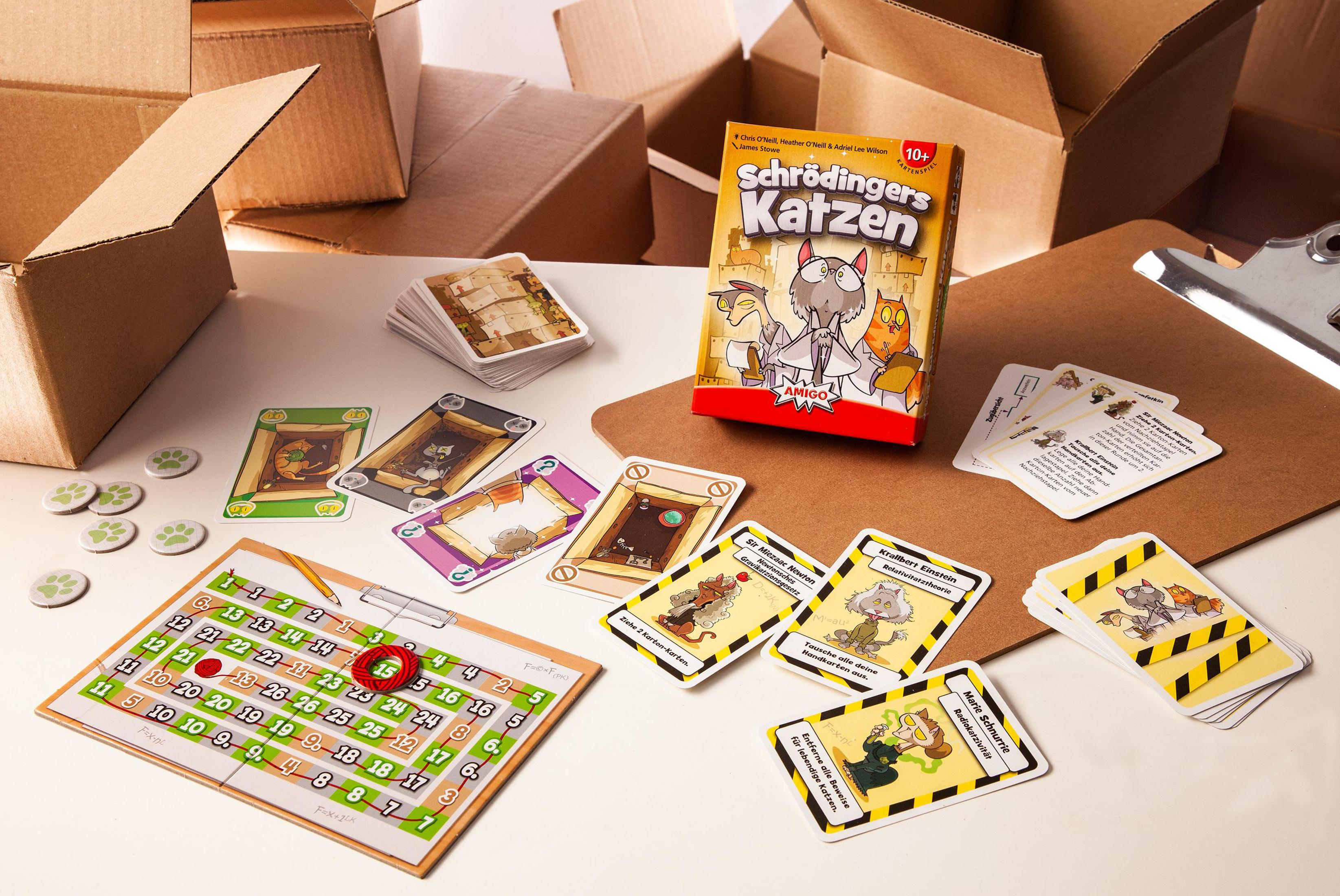 Jeu des chats de Schrödinger. Pièces de jeu, cartes et dés sont disposés sur une table.