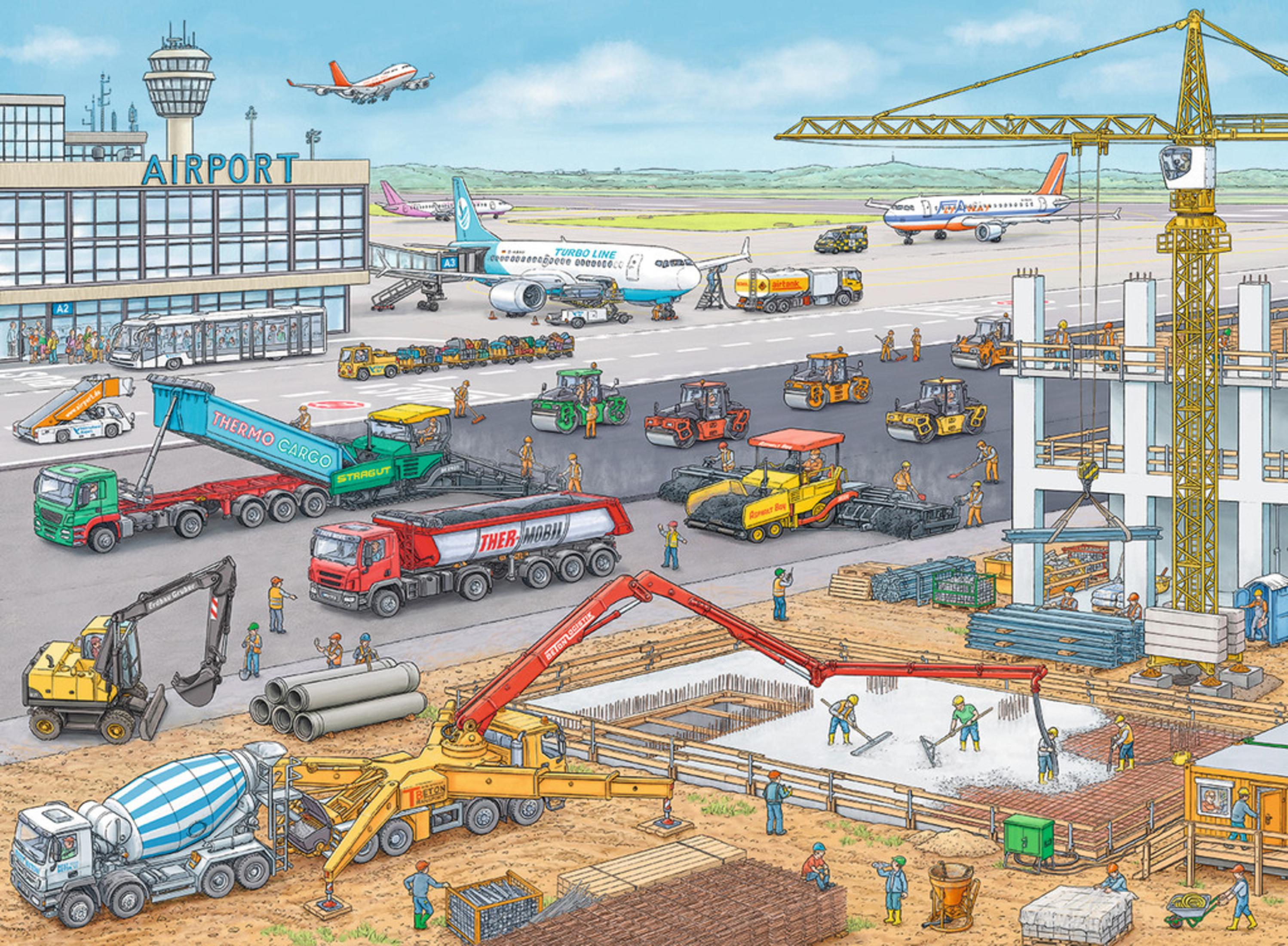 Flughafenszene mit Flugzeugen, Bauarbeiten und Fahrzeugen. Ein geschäftiger Flughafen mit viel Aktivität.