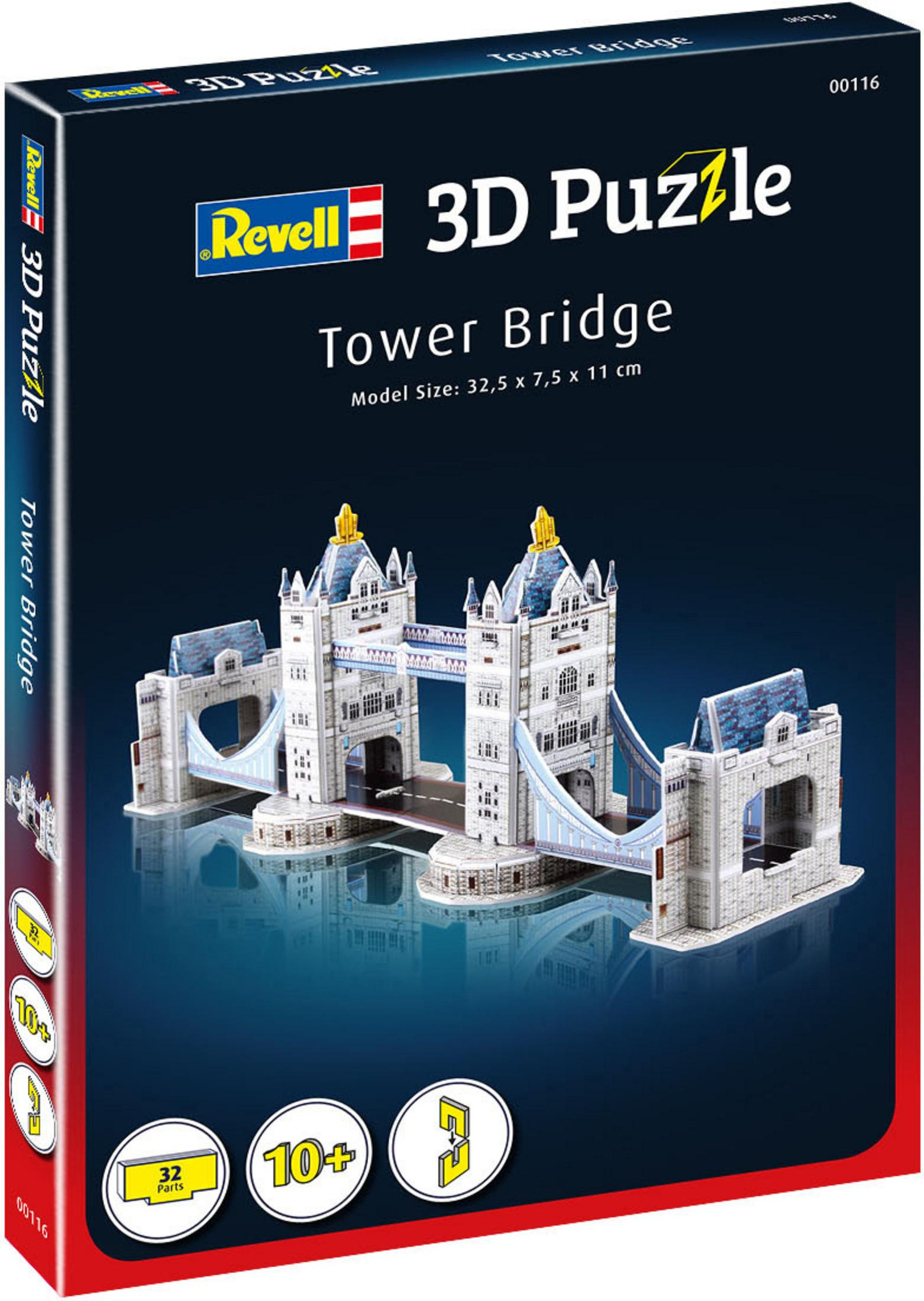 Pudełko z puzzlami 3D przedstawiające Tower Bridge, z logo Revell i szczegółami modelu.