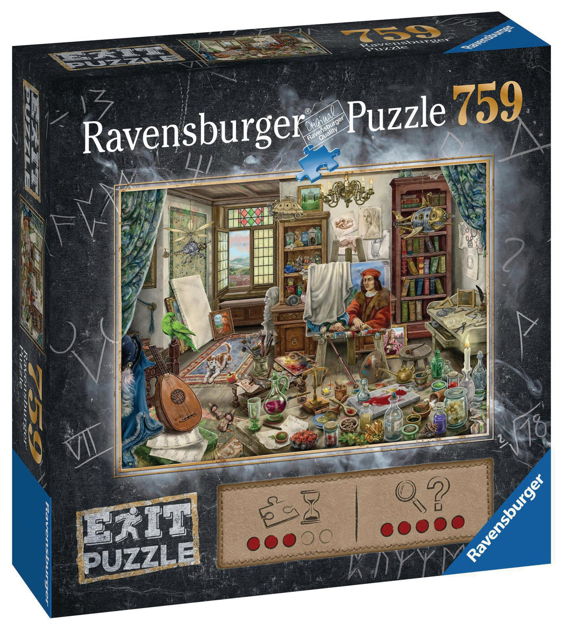 Eine Puzzleschachtel, die ein detailliertes Gemälde eines Künstlerateliers mit einem Puzzle zeigt.