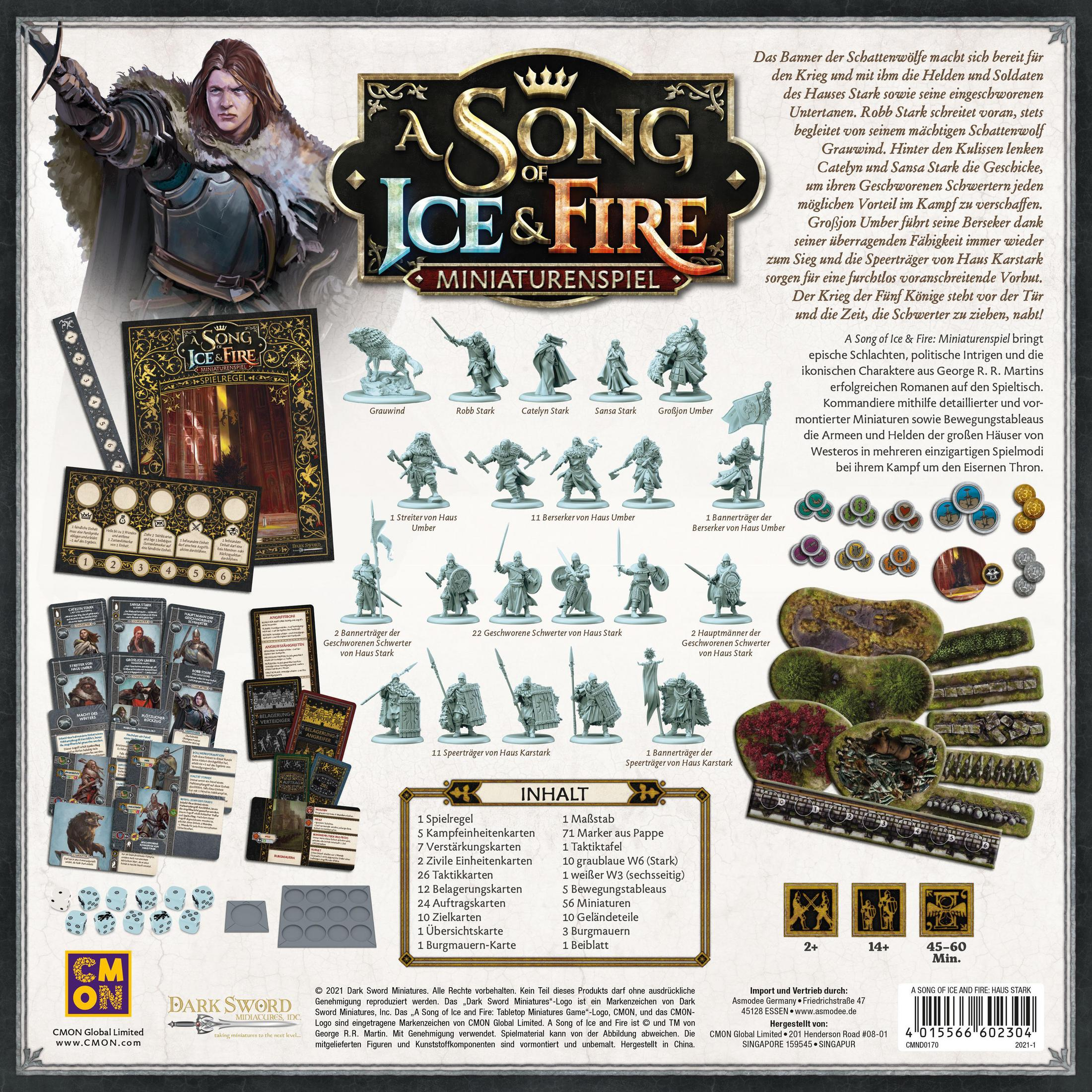 Eine Spielbox, 'A Song of Ice and Fire', mit Miniaturen und Spielkomponenten. Die Box zeigt Spielcharaktere.
