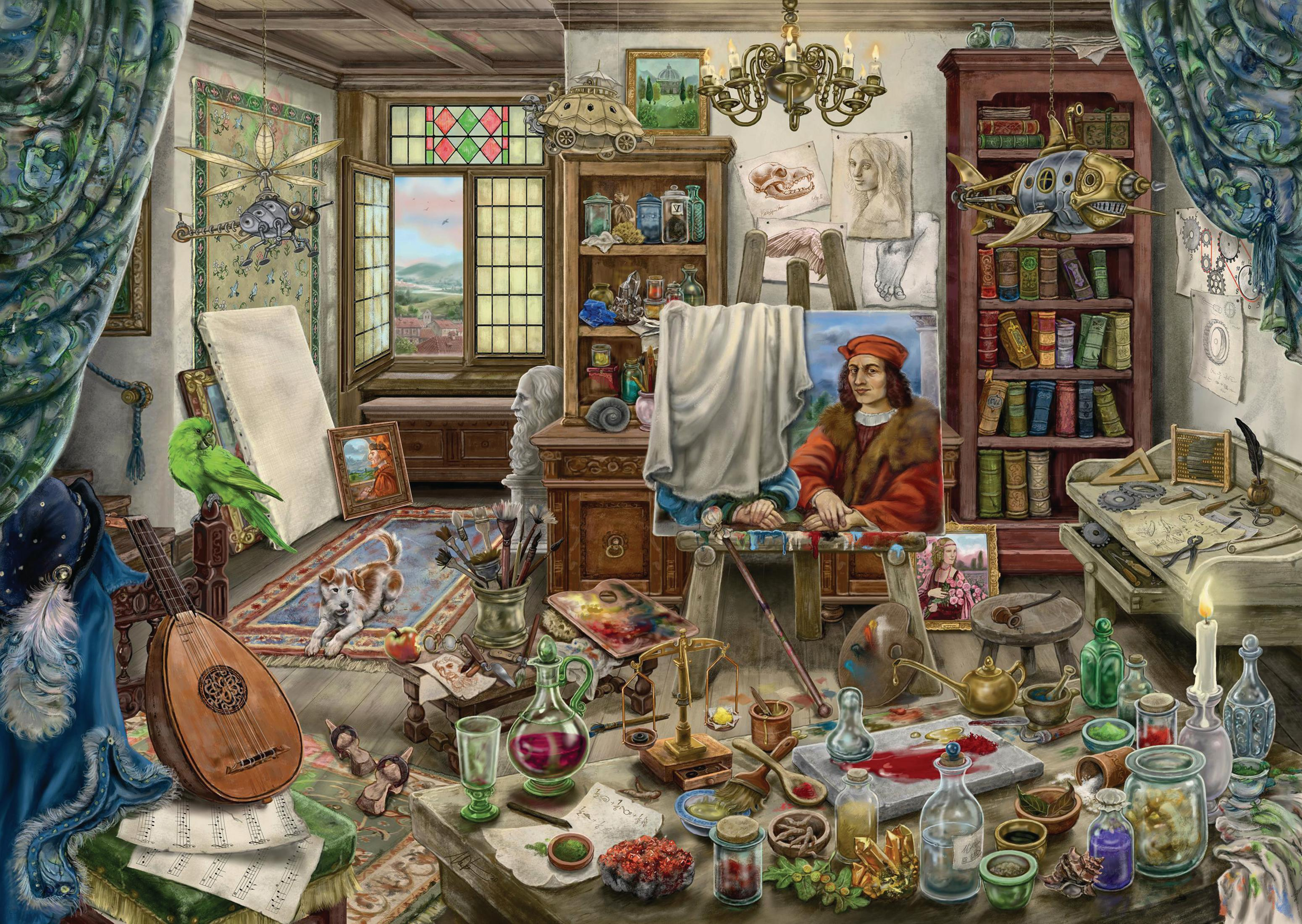 Detailliertes Künstleratelier. Gemälde, Werkzeuge und ein Papagei sind im Bild zu sehen.