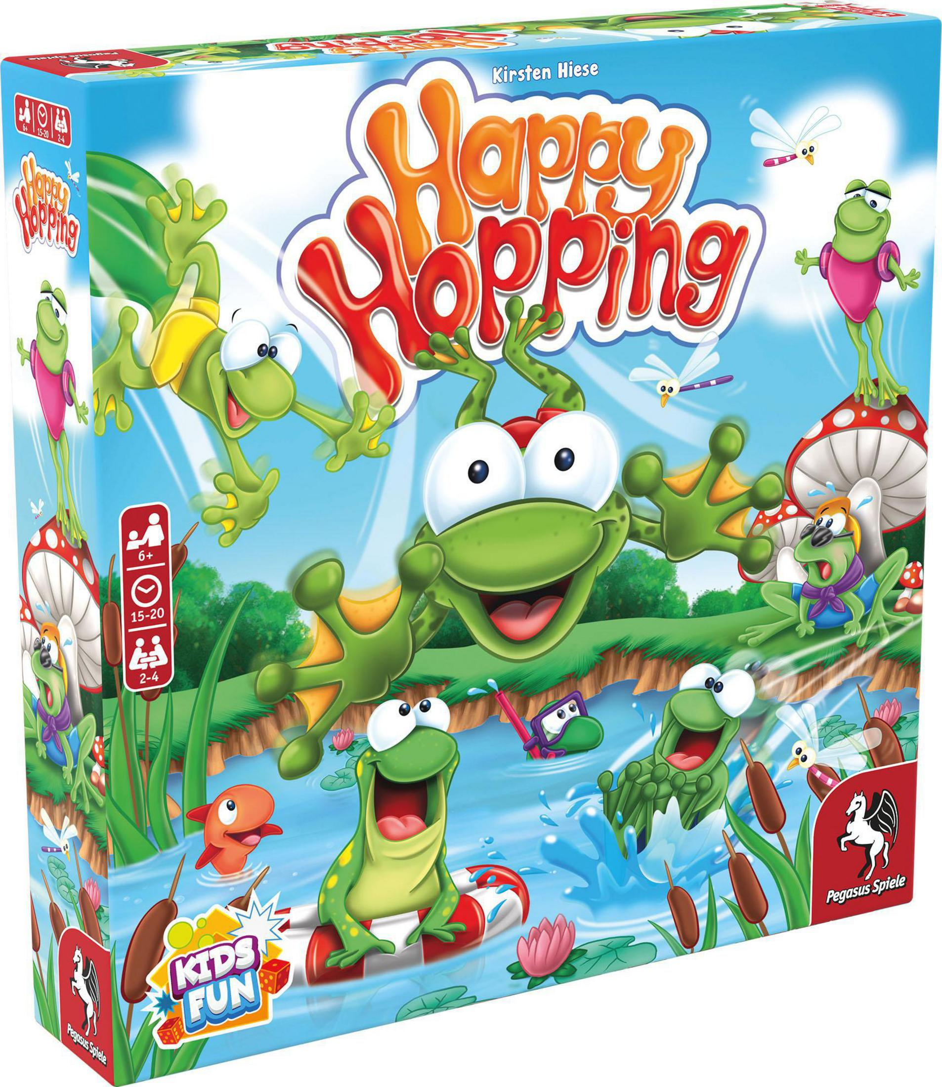 Schachtel des Spiels 'Happy Hopping' mit Fröschen, Wasser und Cartoon-Grafiken. Die Box ist hell und farbenfroh.