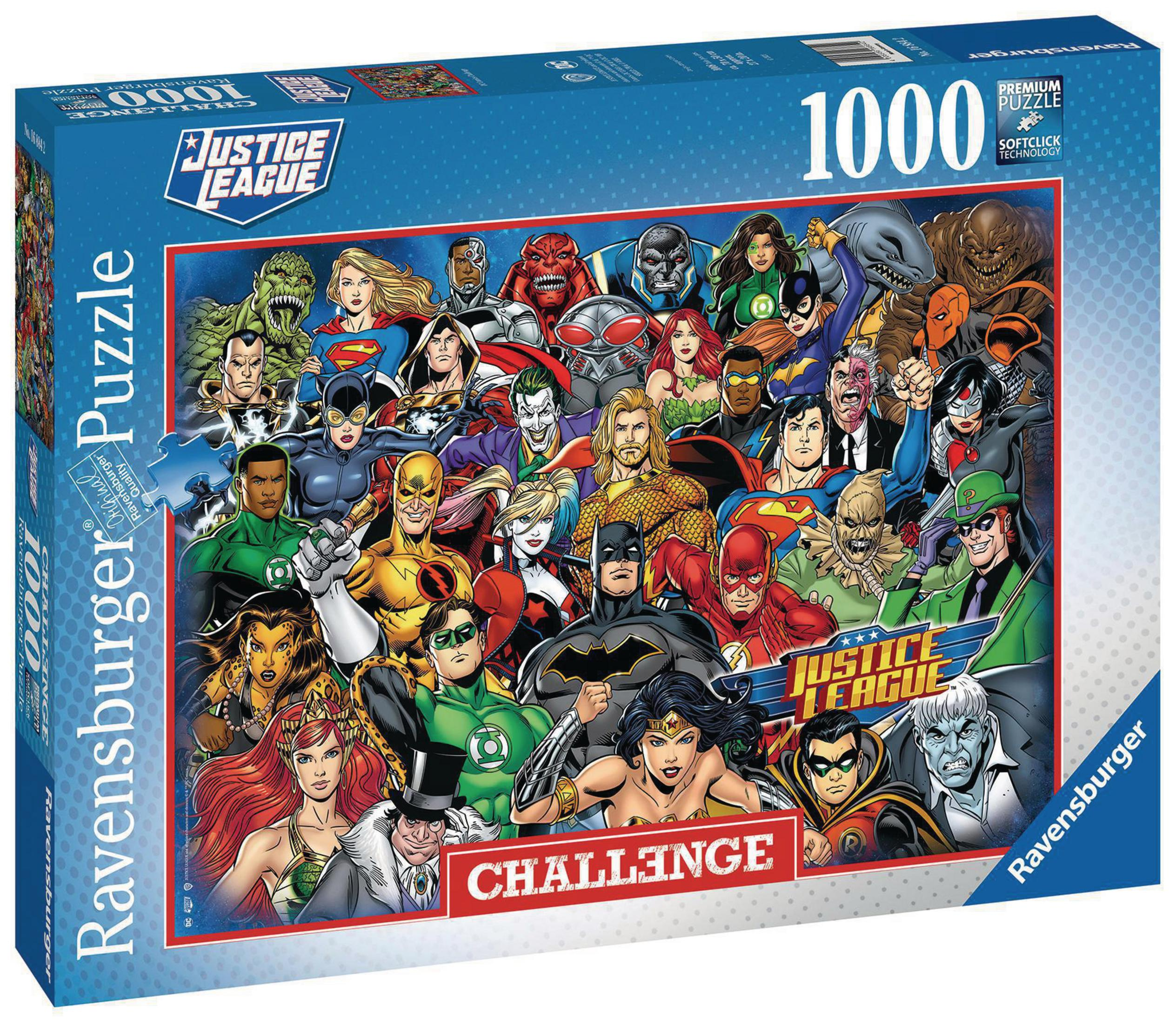 Justice League 1000-teilige Puzzle-Box mit verschiedenen DC-Comic-Charakteren.