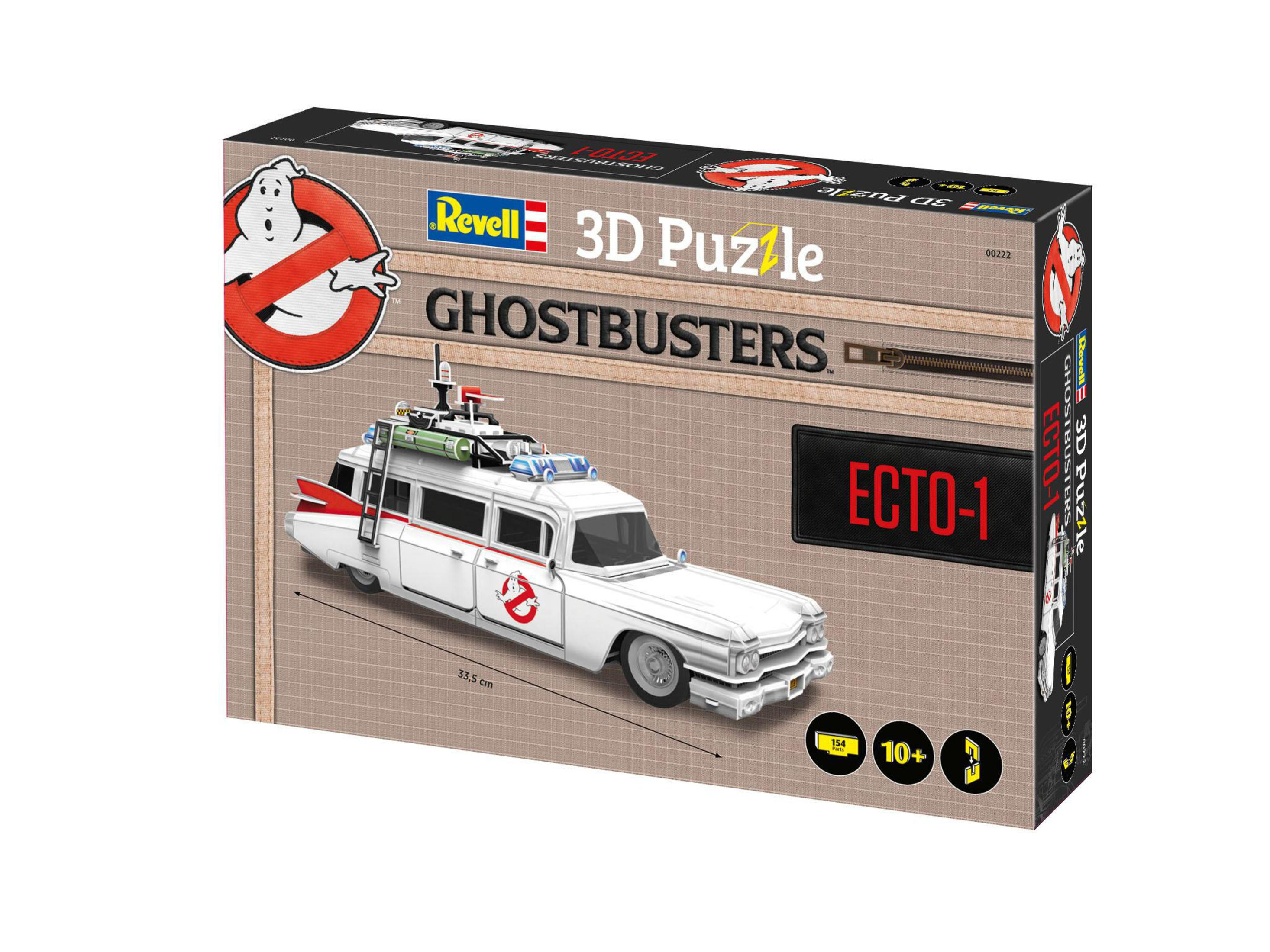 Une boîte de puzzle 3D Ghostbusters avec une voiture Ecto-1 blanche sur le devant.