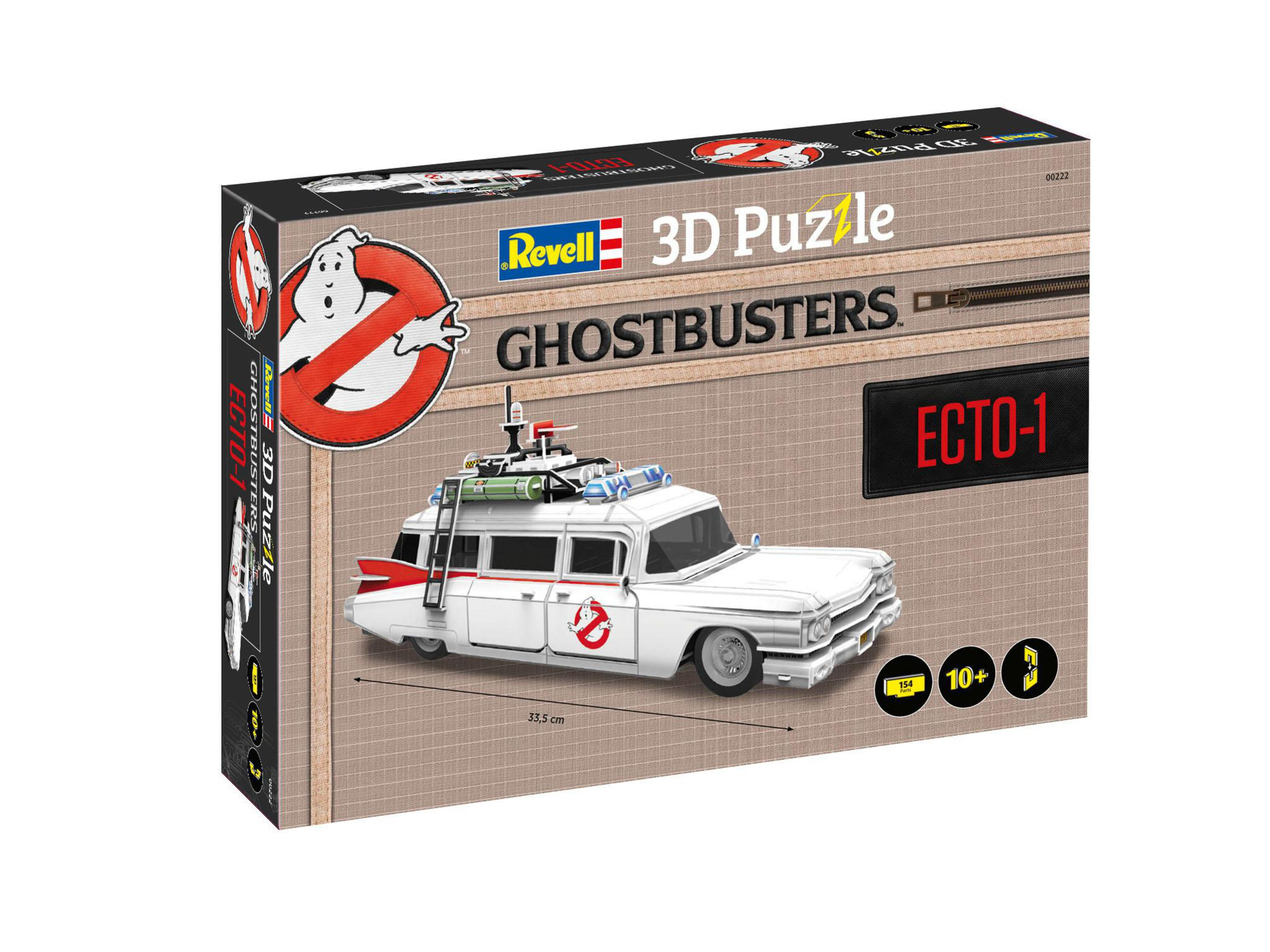Boîte de puzzle 3D Ghostbusters Ecto-1. Fond blanc. Modèle de voiture sur la boîte.