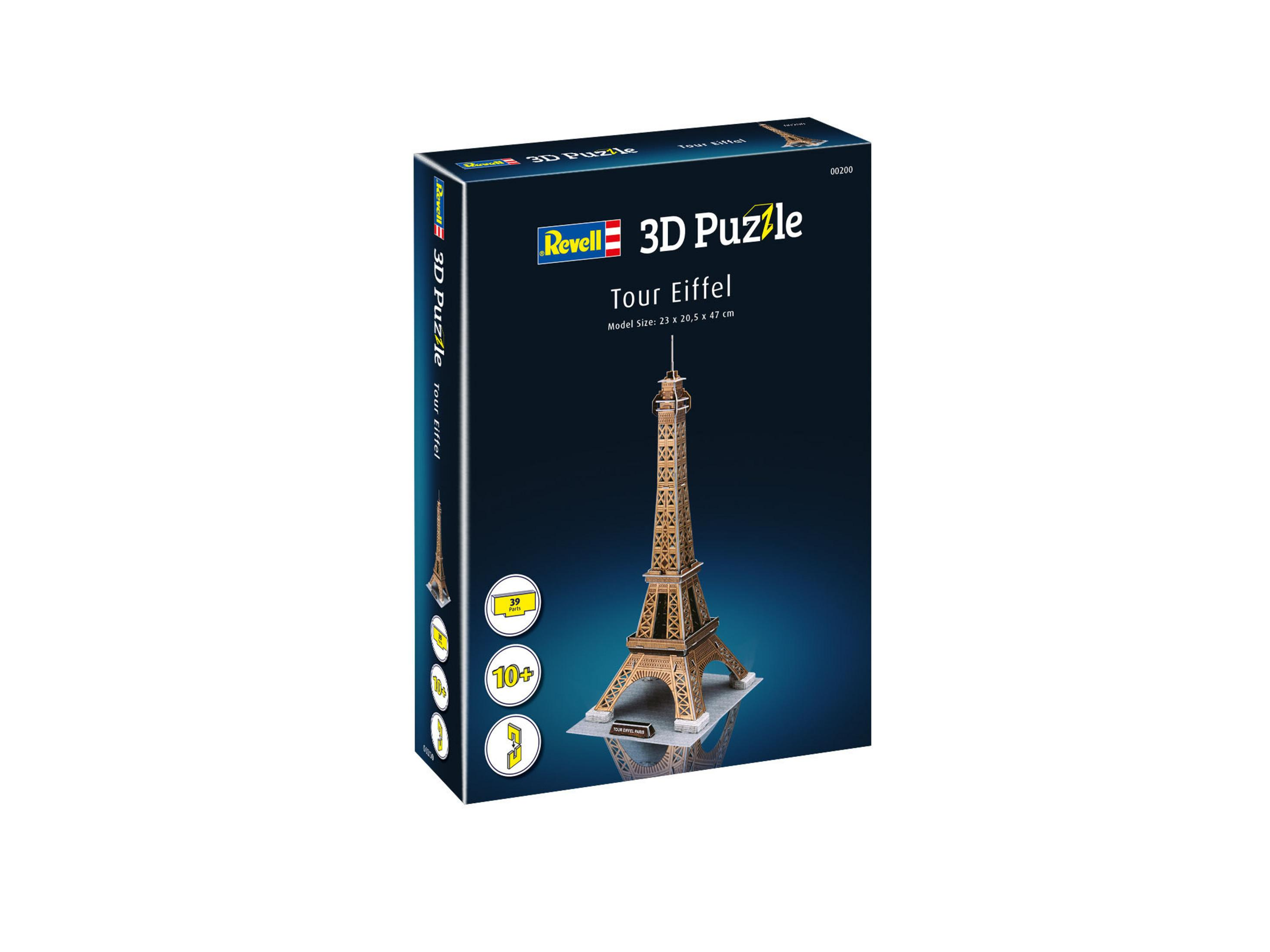 Una scatola di puzzle 3D della Torre Eiffel, con un'immagine della torre e testo.