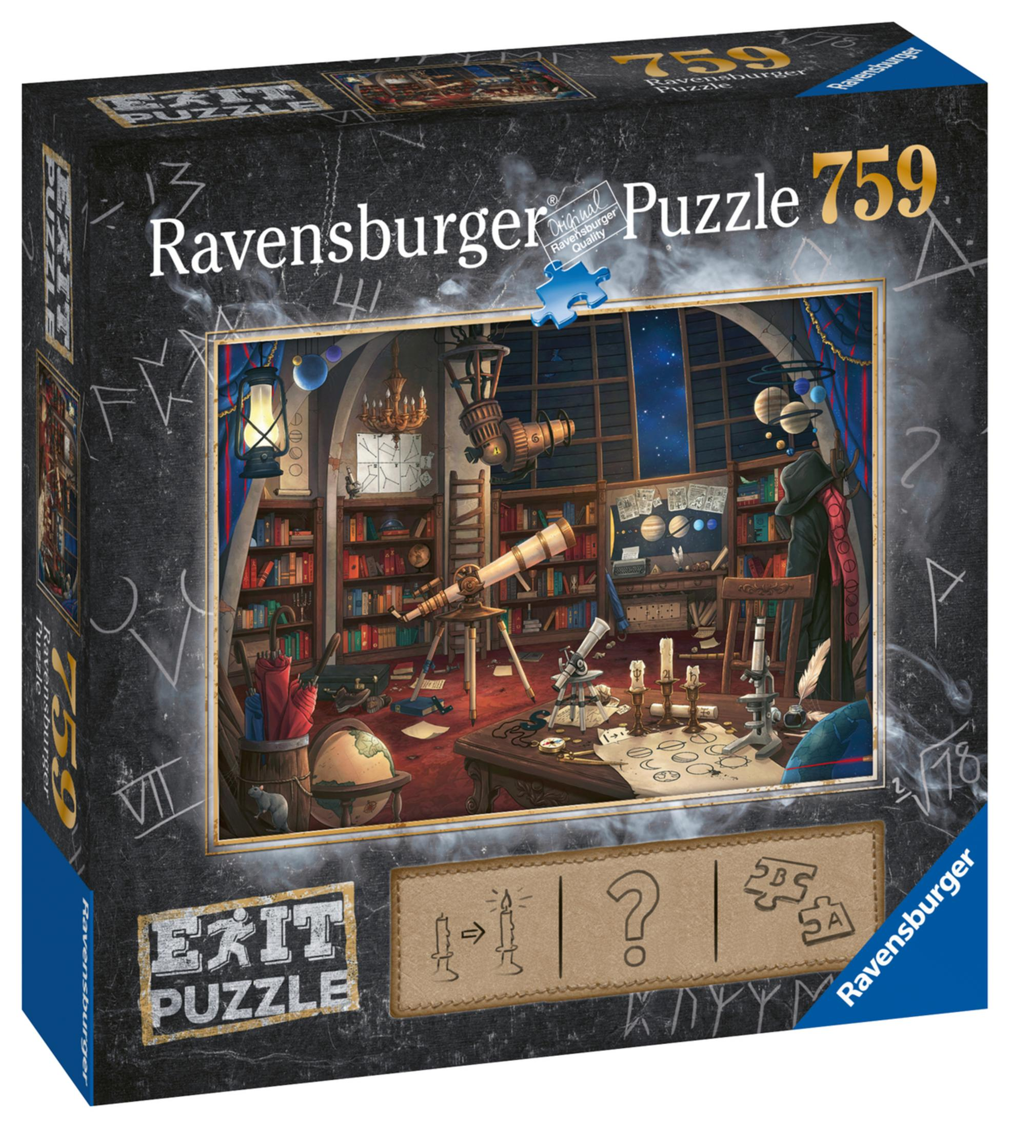 Una scatola di puzzle Ravensburger con un'illustrazione dettagliata di una scena di biblioteca con un telescopio.