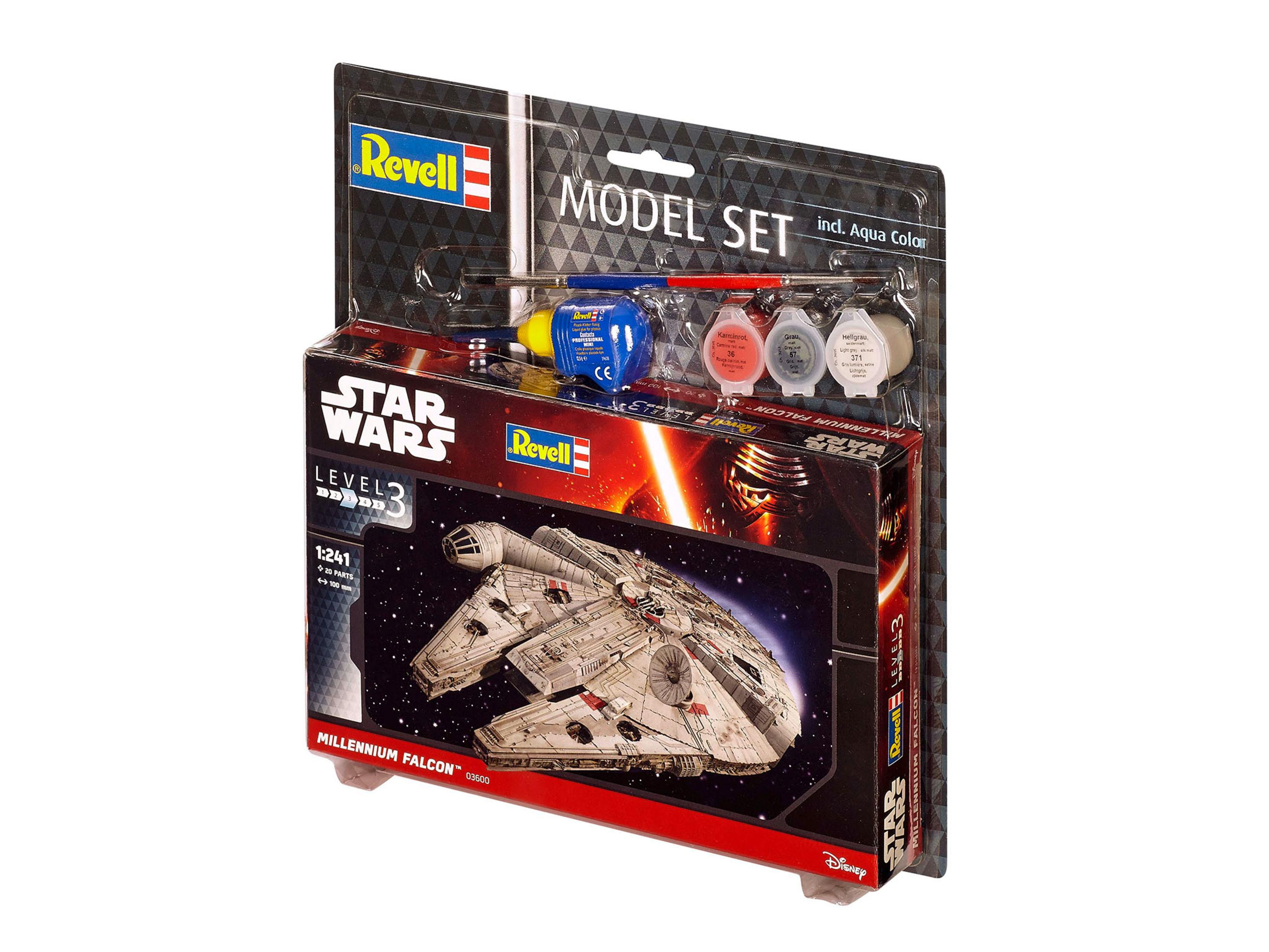 Una scatola di kit di modelli di Star Wars con un modello di Millennium Falcon e vernici su sfondo bianco.