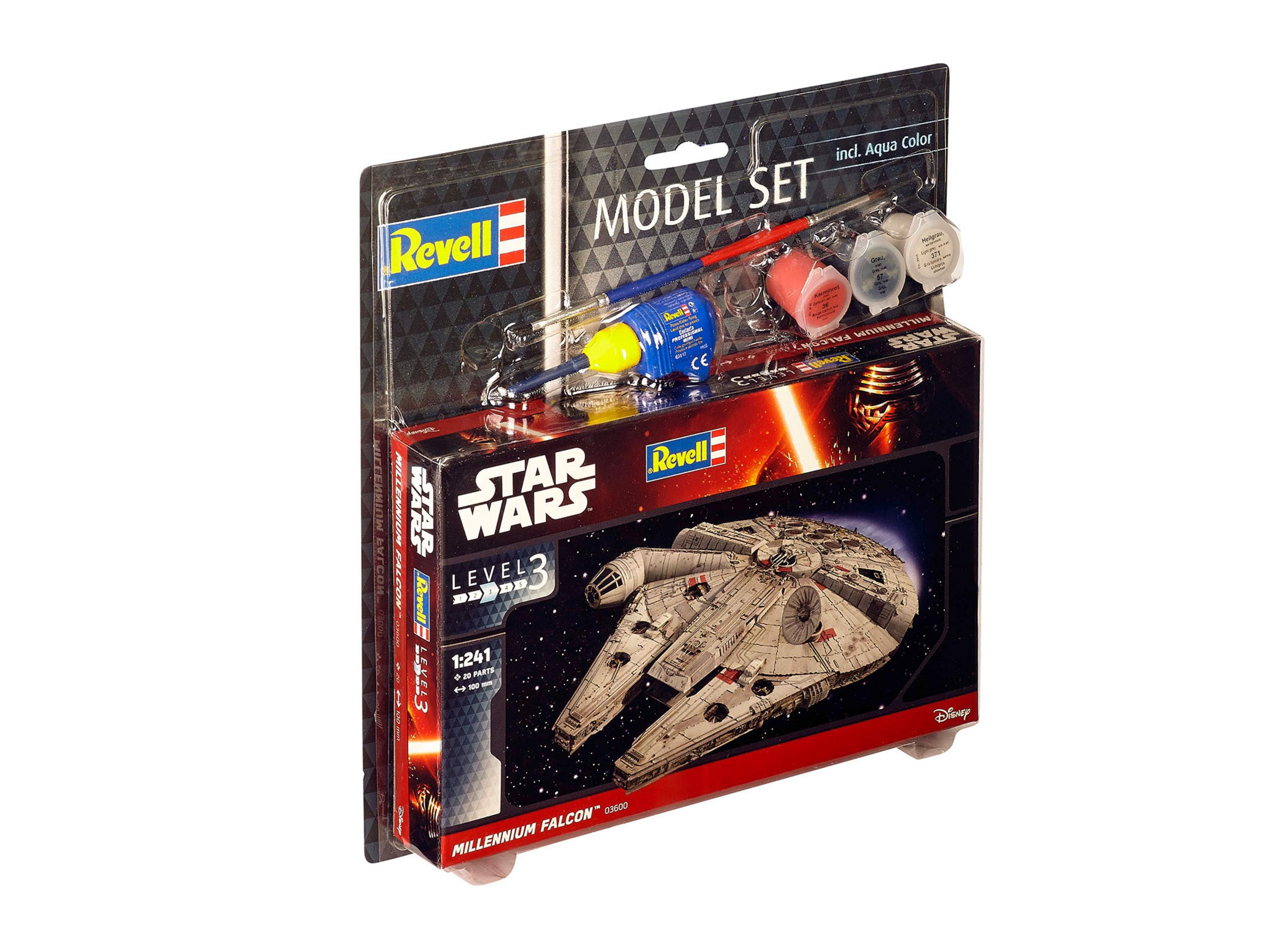 Una confezione di un kit di modellismo Star Wars Millennium Falcon, con vari componenti.