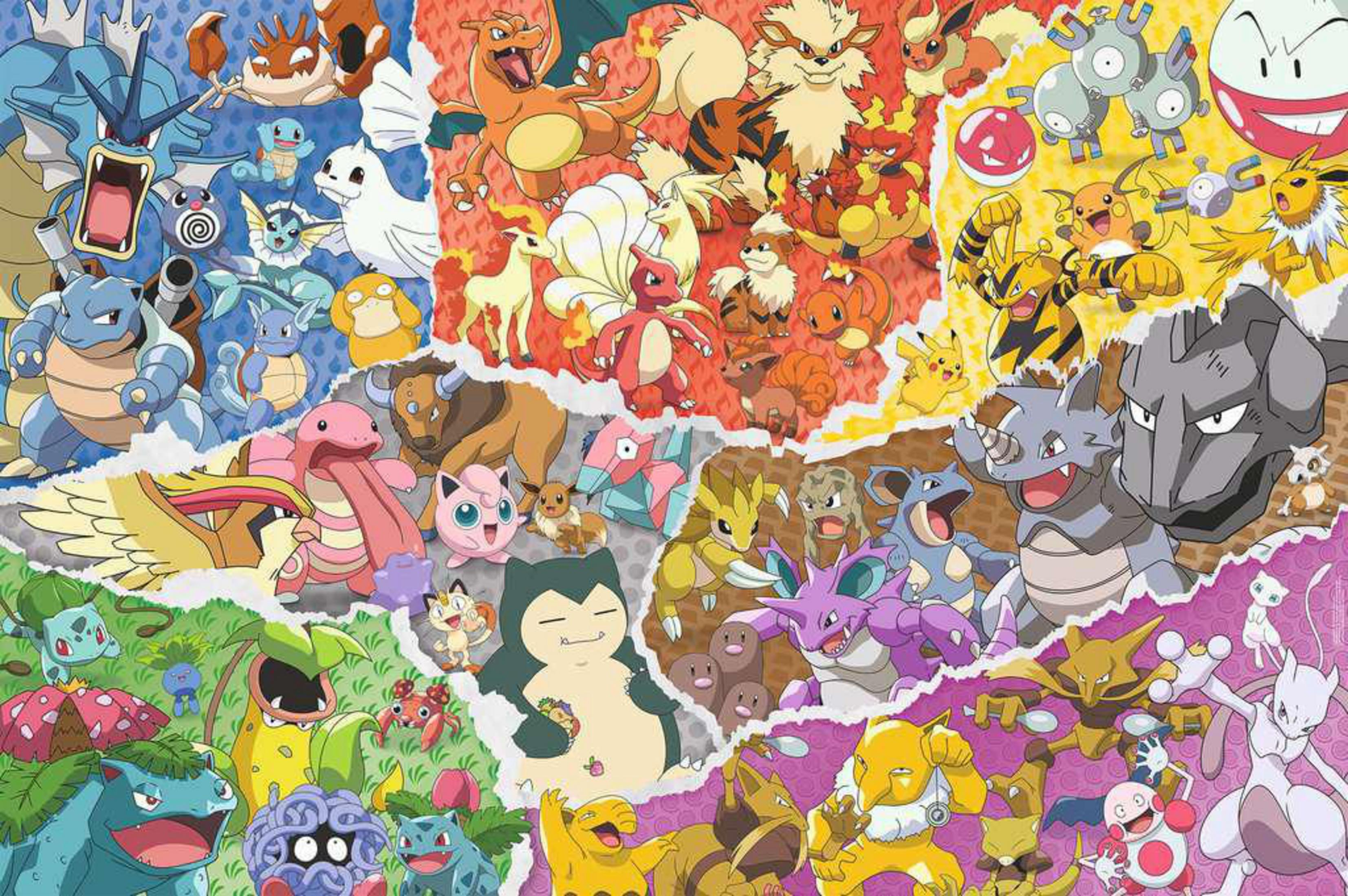 Eine Collage von Pokémon-Charakteren: Pikachu, Glurak und viele andere, aus verschiedenen Generationen.