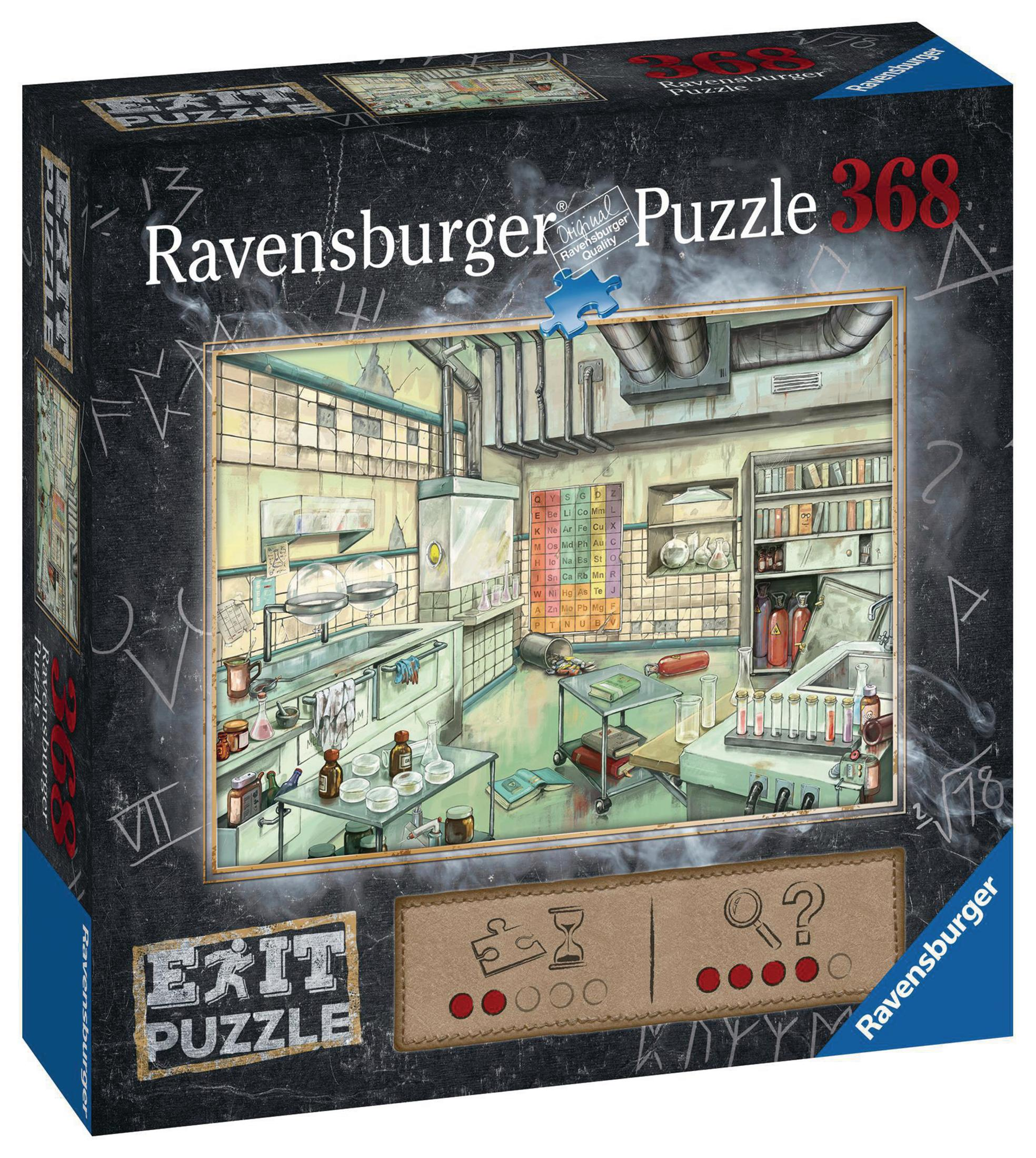 Puzzledose mit einer Illustration eines Labors. Der Hintergrund ist eine dunkle Tafel.