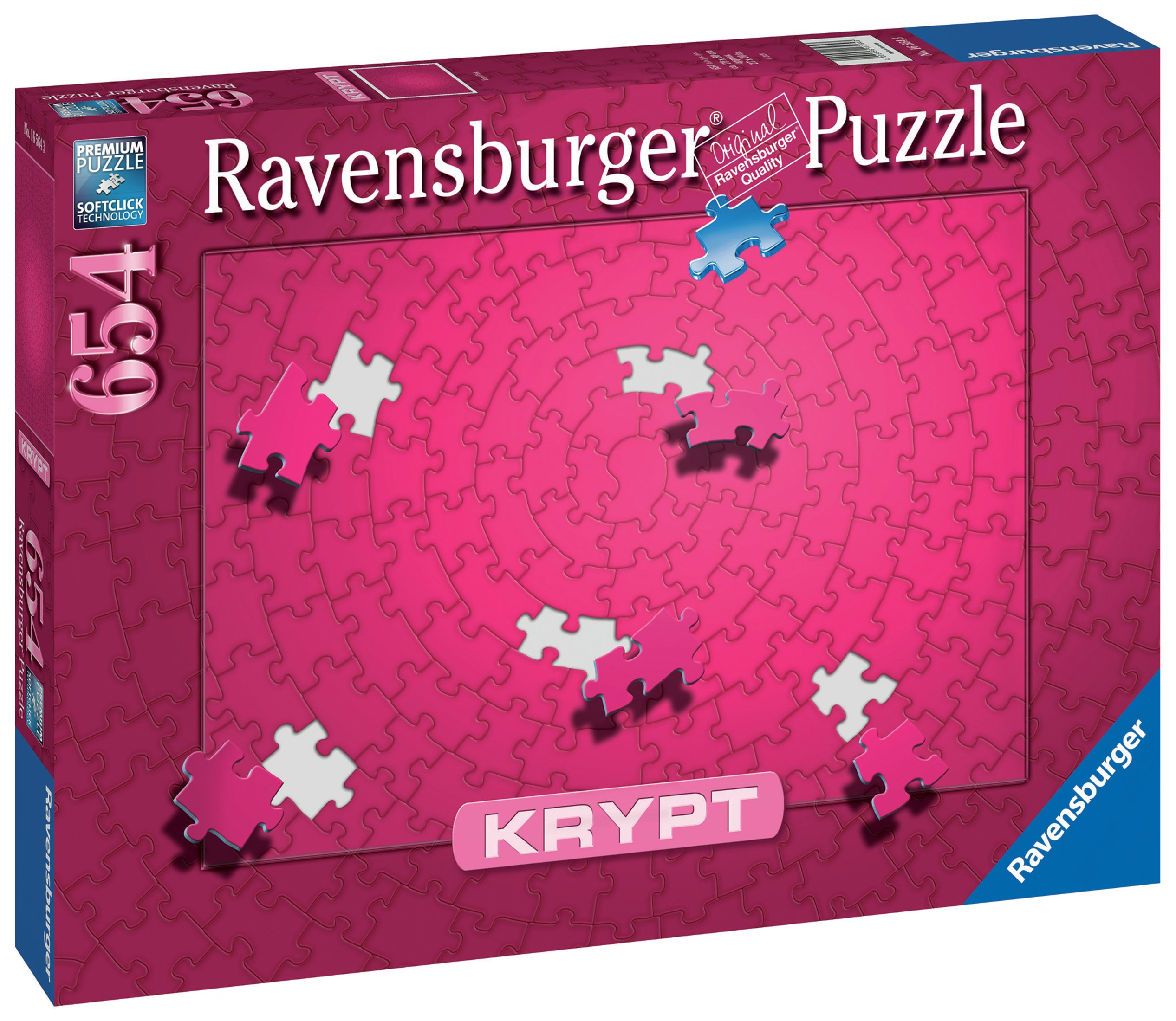 Una scatola di puzzle Ravensburger rosa con un puzzle parzialmente assemblato che mostra il logo Krypt.
