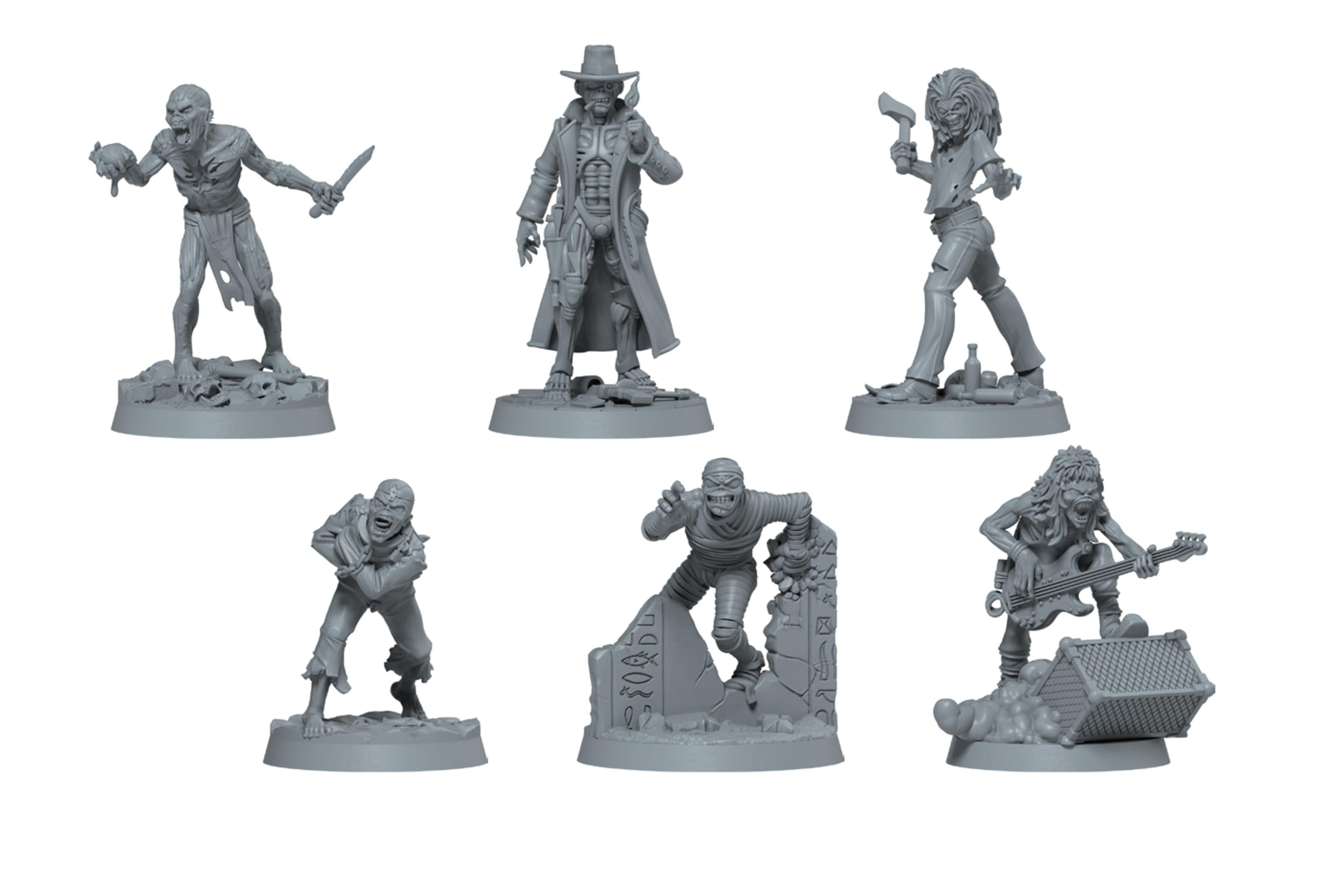 Gruppe von Zombie-Figuren. Jede ist eine andere Figur mit verschiedenen Waffen und Posen, grauer Kunststoff.
