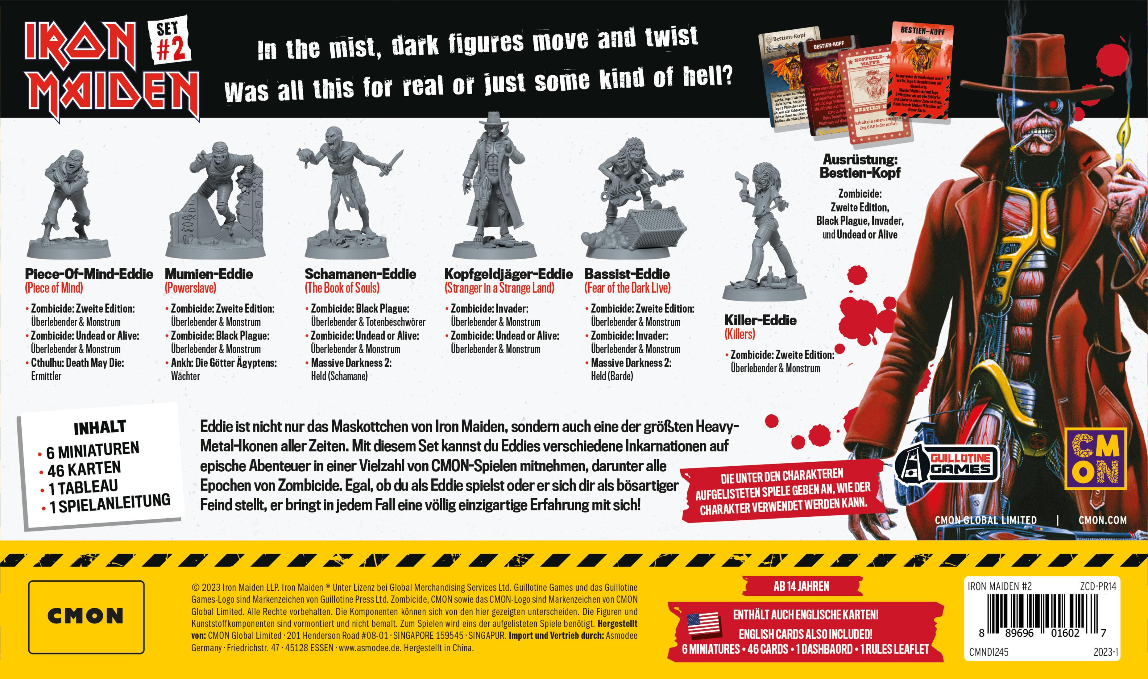 Iron Maiden Brettspielbox mit Miniaturen. Die Box hat mehrere Figuren und Text. Ein Poster und Karten sind ebenfalls sichtbar.