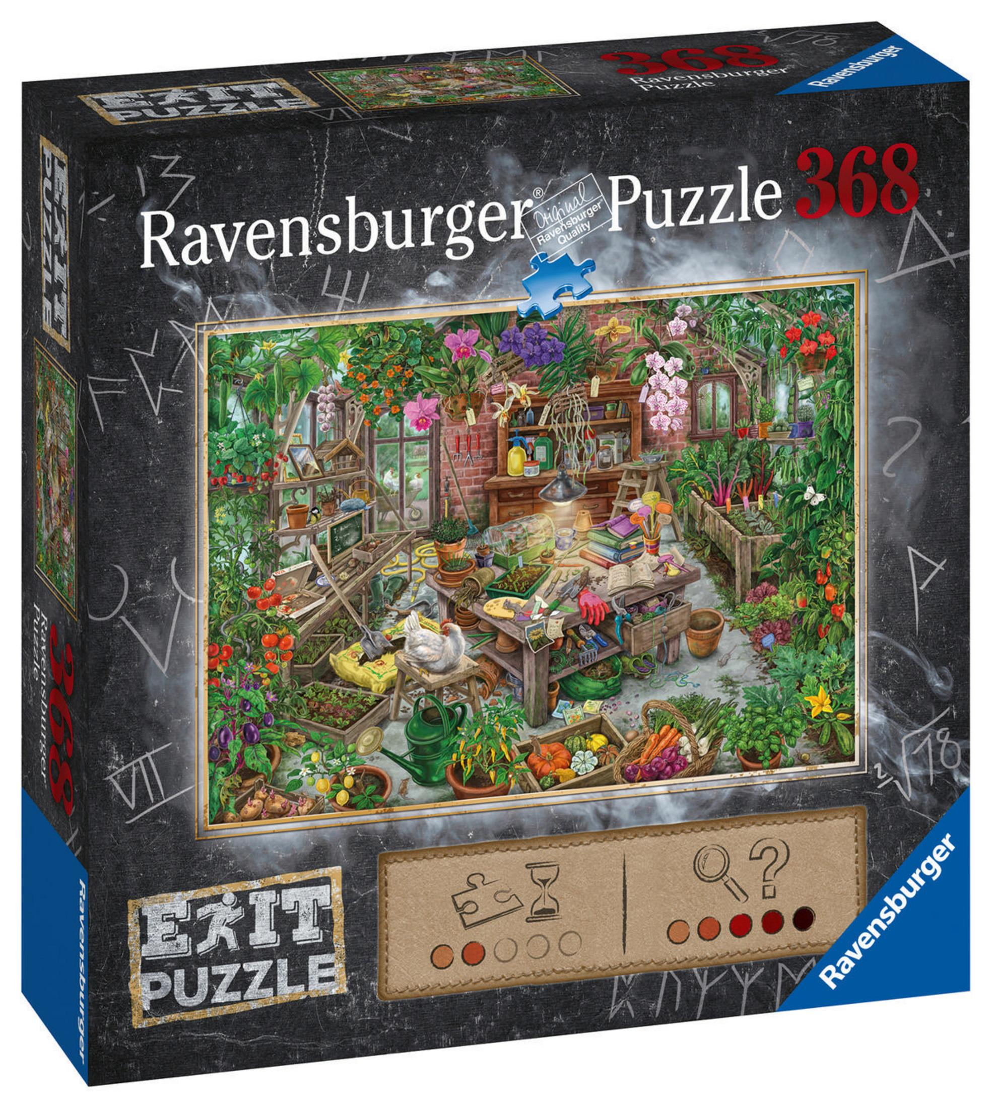 Una scatola di puzzle Ravensburger con una vivace scena di giardino e il testo 'EXIT PUZZLE'.