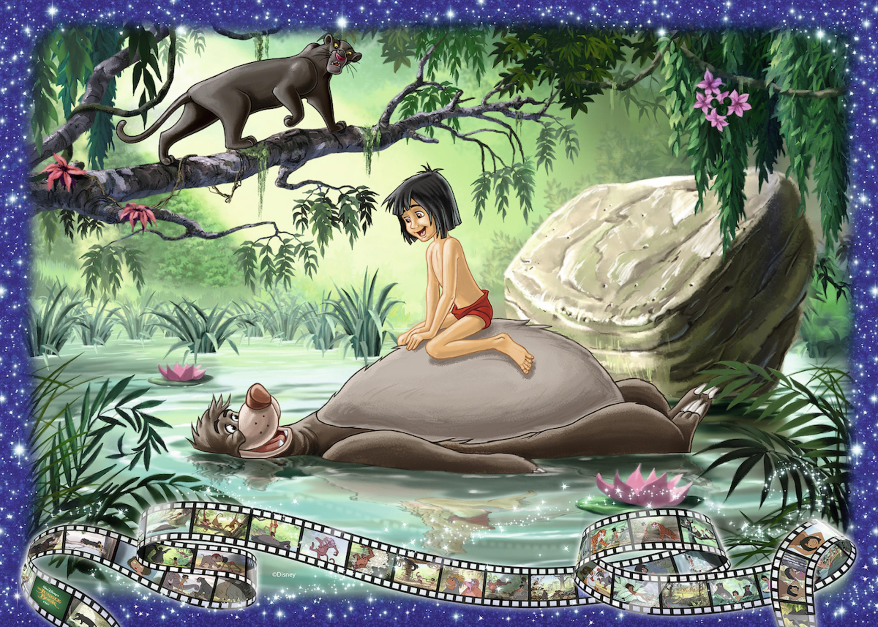 Scena z Księgi Dżungli: Mowgli z Baloo i Bagheerą. Obramowanie taśmy filmowej.
