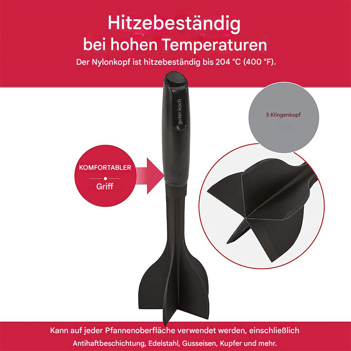 Schwarzes Küchenwerkzeug mit Griff und Klinge. Text und Diagramm des Werkzeugs und seiner Merkmale.