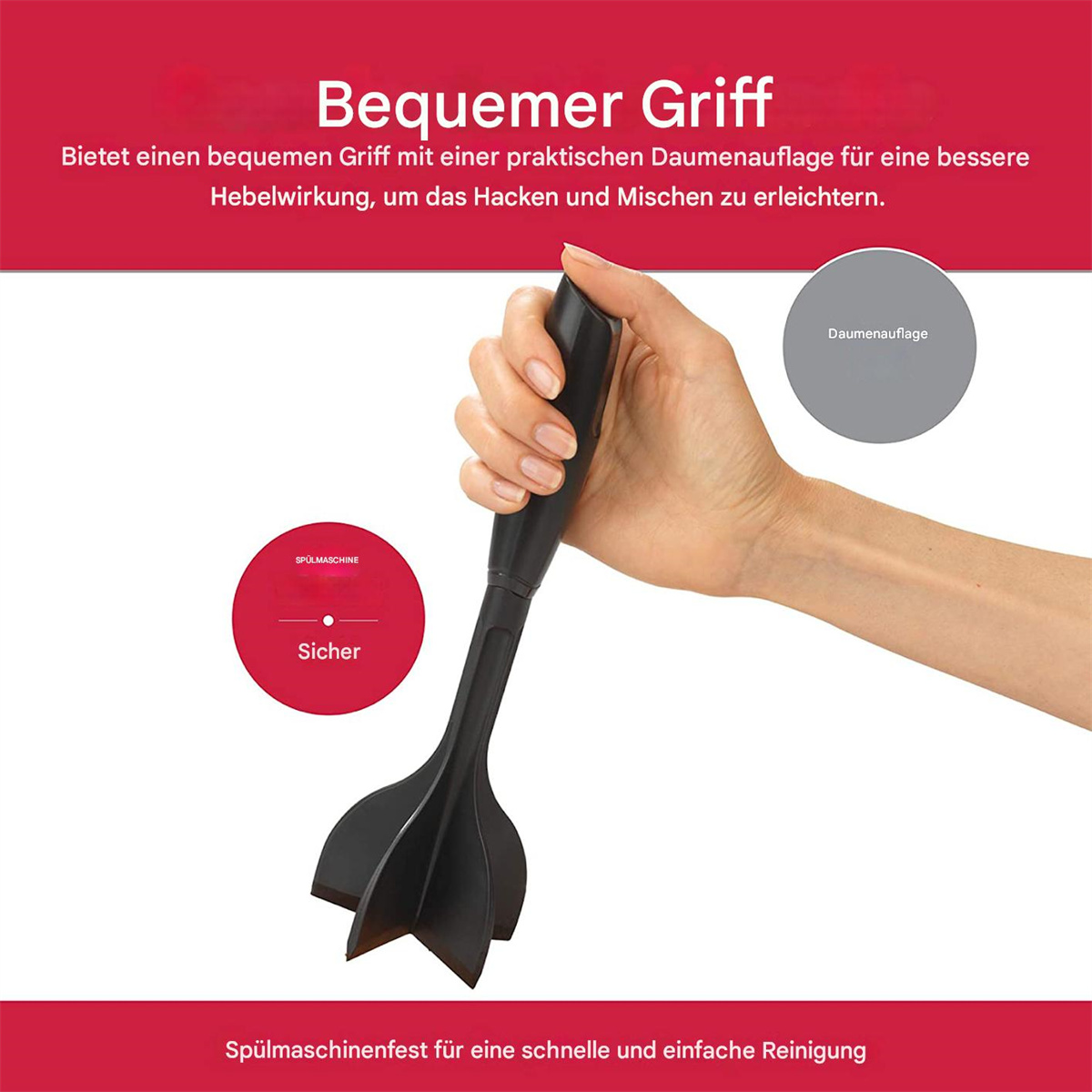 Schwarzes Küchenwerkzeug, das von einer Hand gehalten wird. Das Werkzeug hat ein einzigartiges Design und eine Daumenauflage.