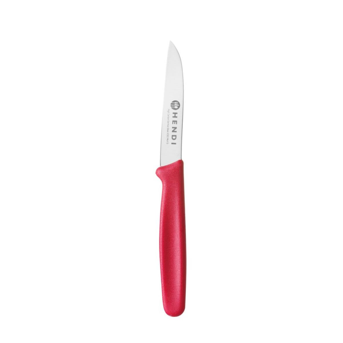 Kleines rotes Messer mit silberner Klinge auf weißem Hintergrund.