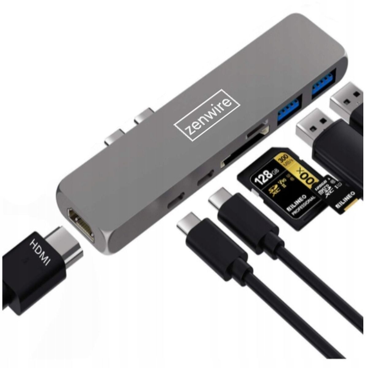 Szary koncentrator USB z wieloma portami. Są dyski USB, kable i karta SD.