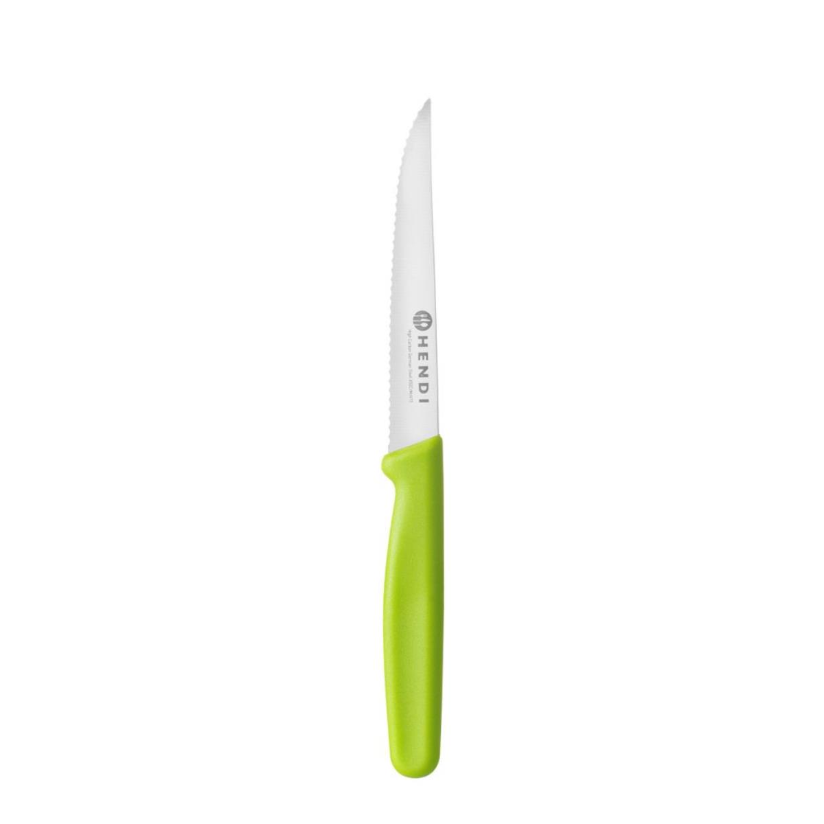 Ein gezahntes Messer mit grünem Griff steht auf weißem Hintergrund.