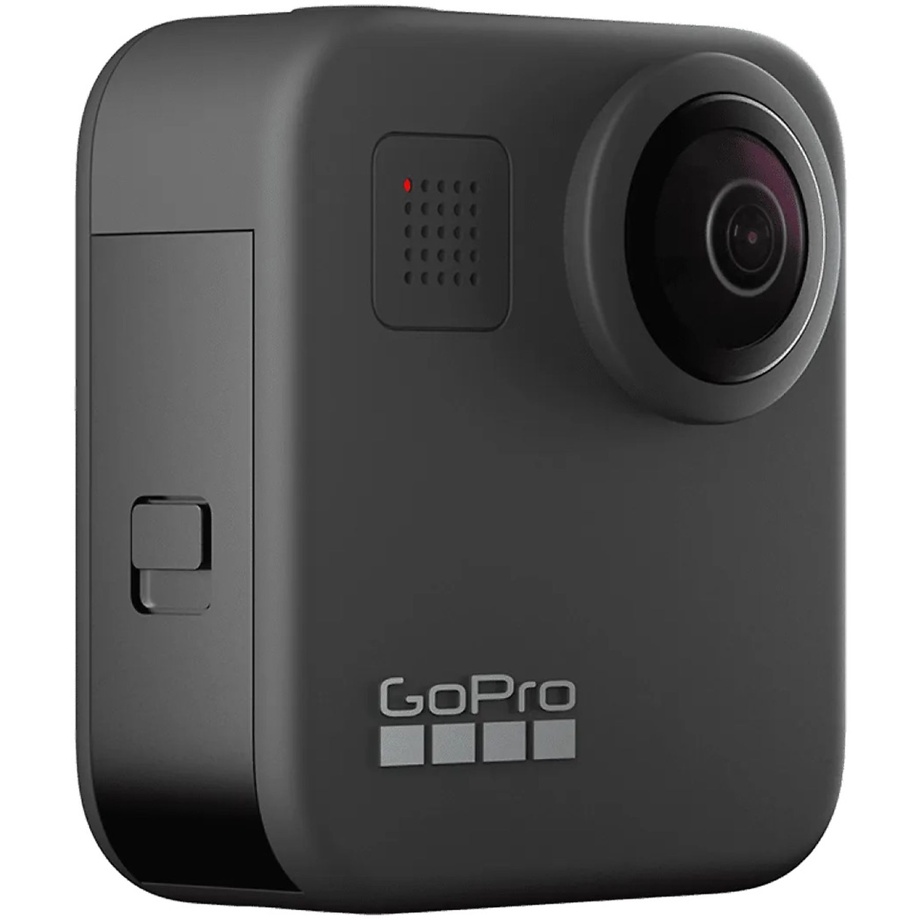 Czarna kamera GoPro z dużym obiektywem i czerwonym światłem.