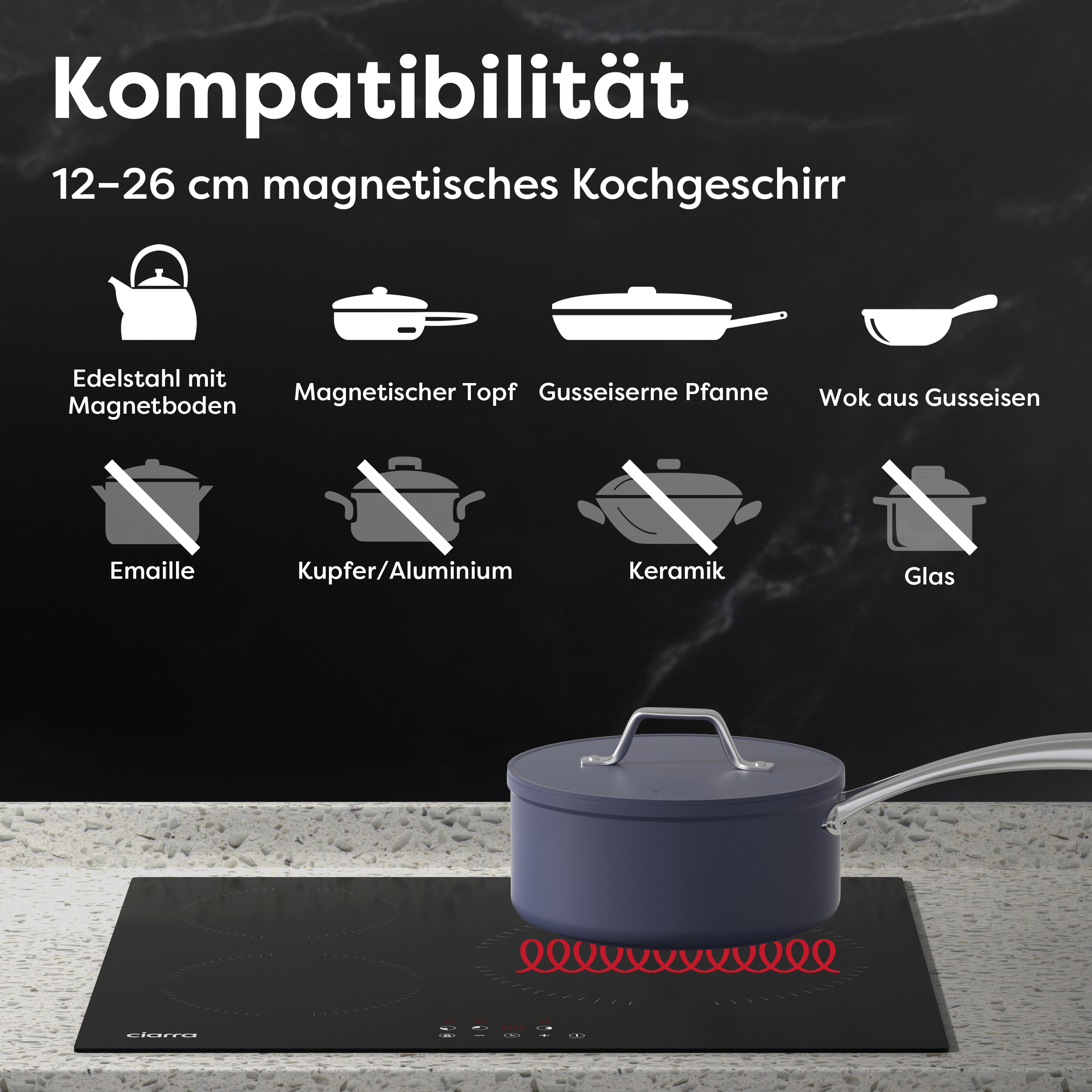 Une table de cuisson à induction noire avec une casserole bleue et des images de compatibilité des ustensiles.