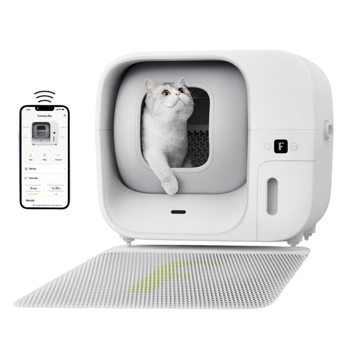 Un gato blanco en un arenero inteligente blanco con pantalla de teléfono.