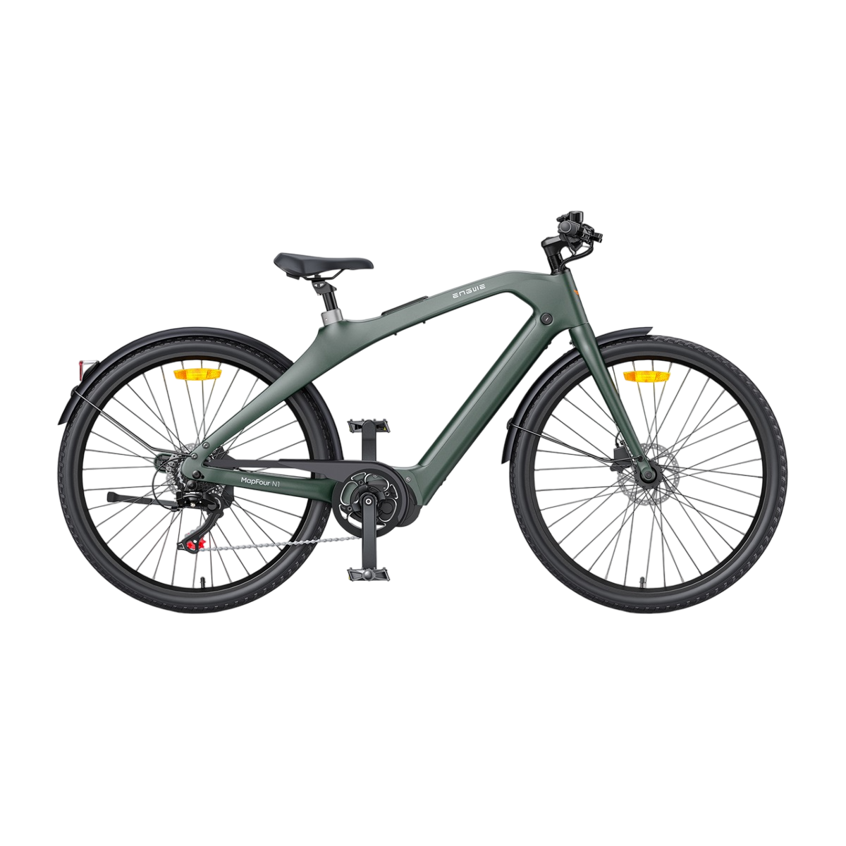 Grünes Elektrofahrrad auf weißem Hintergrund. Es hat schwarze Reifen und gelbe Reflektoren.