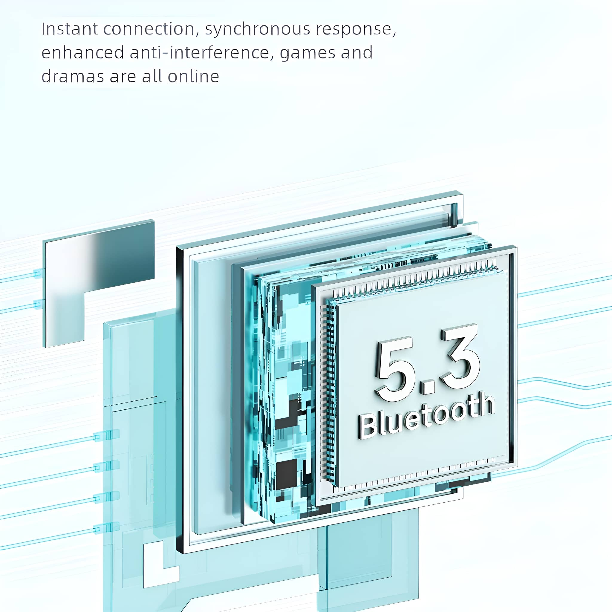 Abstraktes Bild eines 5.3 Bluetooth-Chips mit Text, blaue und weiße Farben.