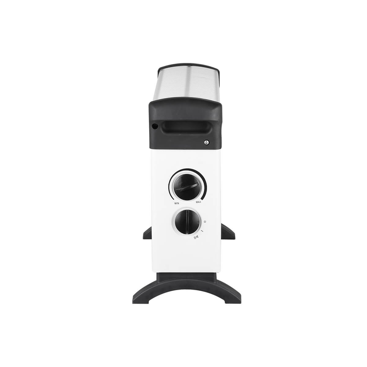 Biało-czarny grzejnik elektryczny z dwoma pokrętłami sterowania.