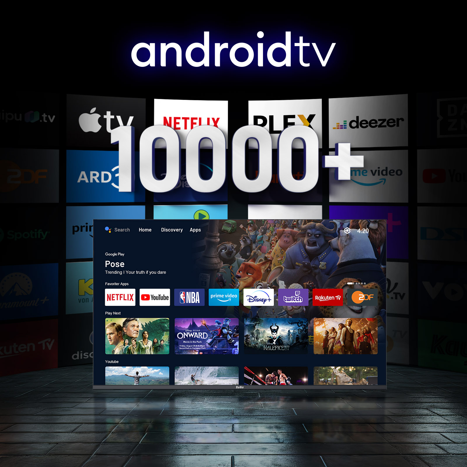 Android TV-Oberfläche mit '10000+' Apps, darunter Netflix, YouTube und Disney+.
