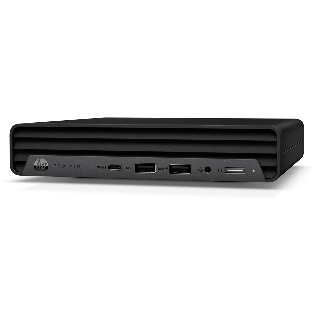 Ordenador de sobremesa HP Pro Mini negro con puertos frontales y el logotipo de HP.