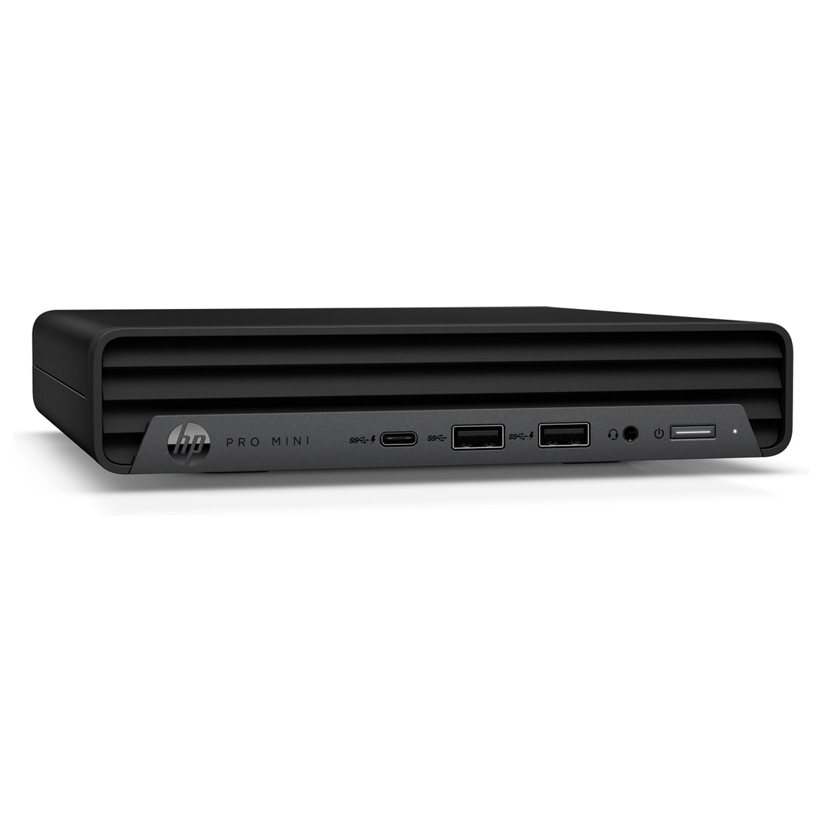 Ordenador de sobremesa HP Pro Mini negro. Con puertos USB y USB-C. Fondo blanco limpio.